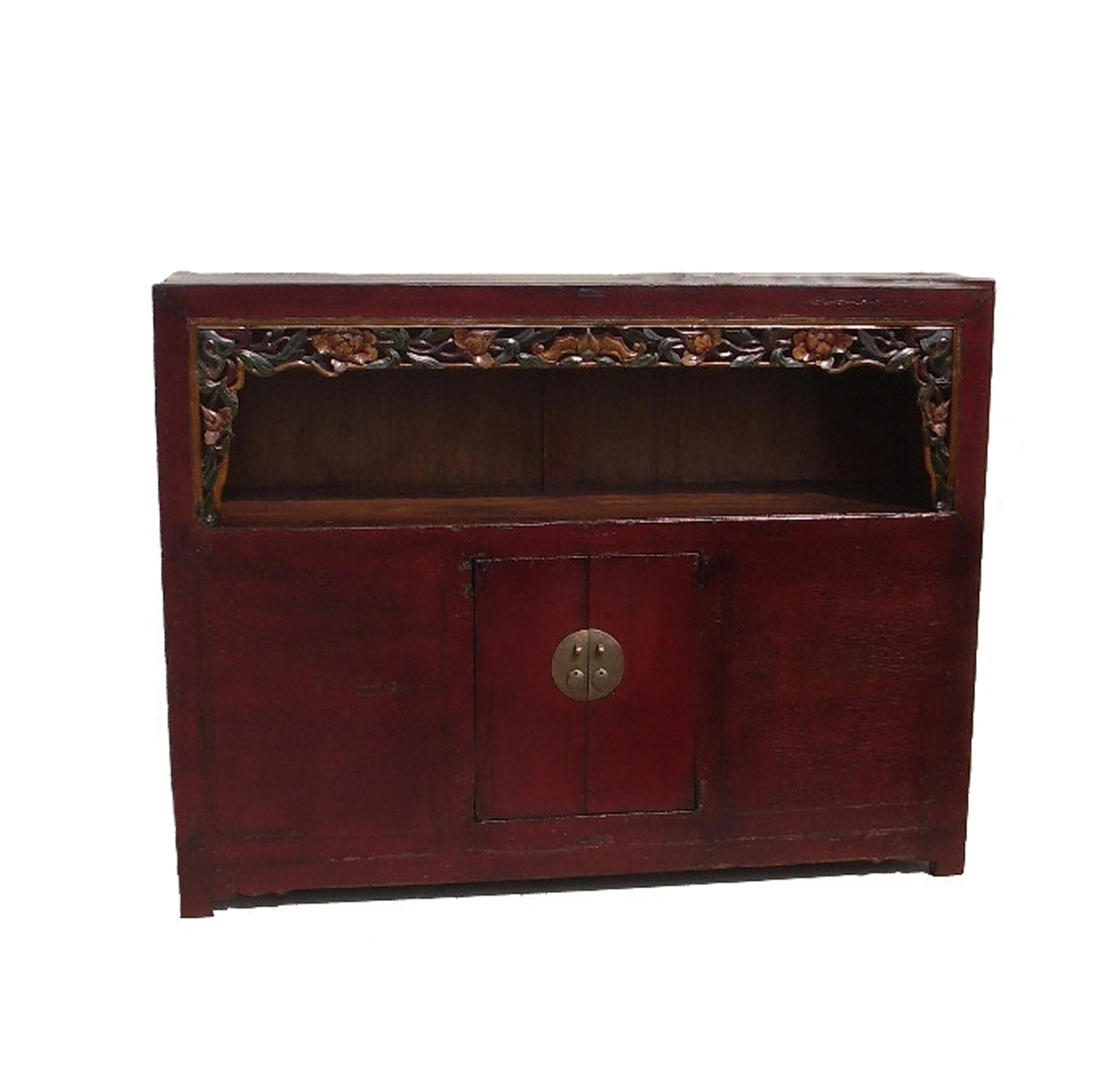 Antique Chinese Scholar's Bookcase Carved Red Sideboard For Sale 10