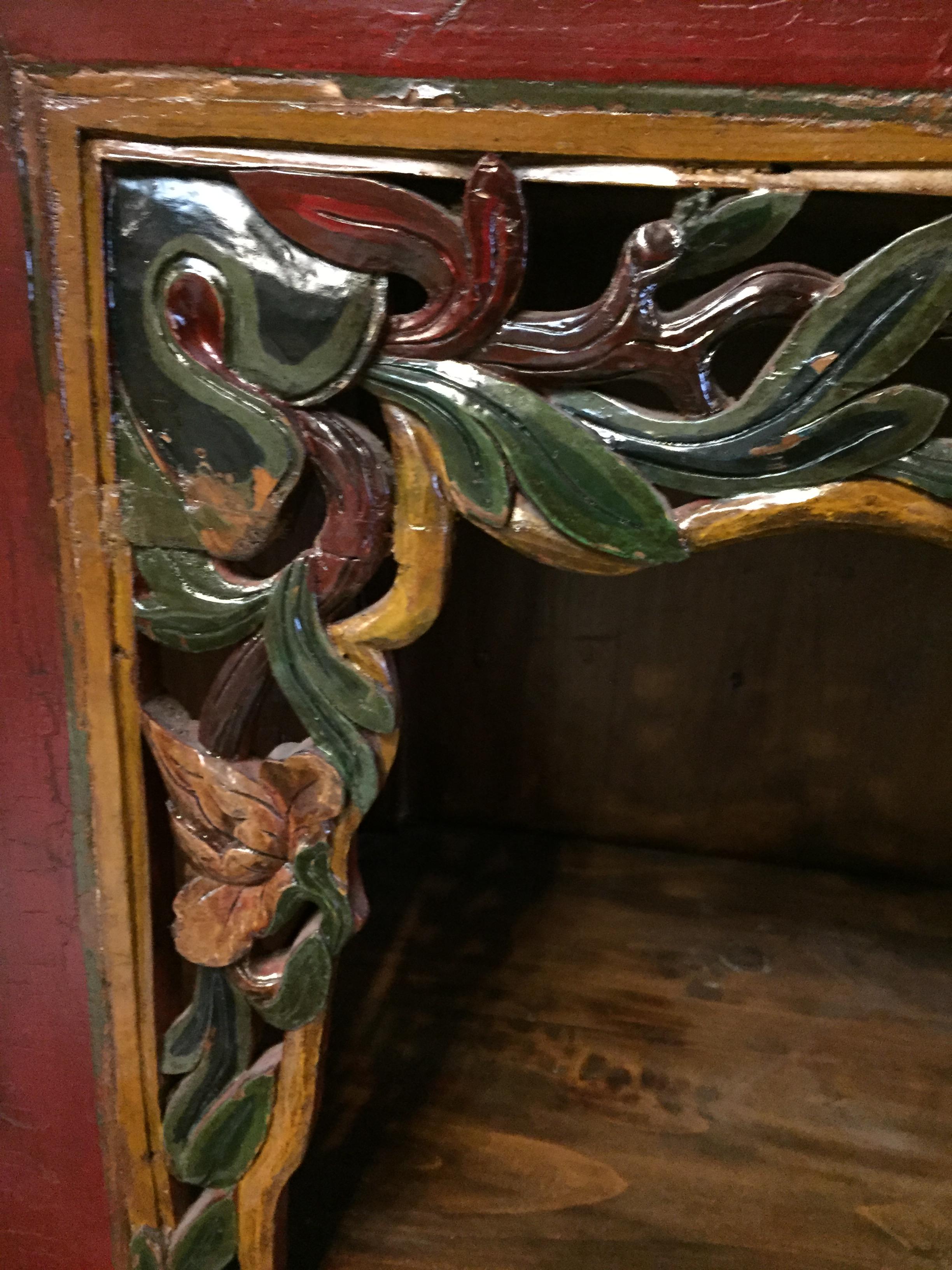 Antique Chinese Scholar's Bookcase Carved Red Sideboard In Good Condition For Sale In Somis, CA