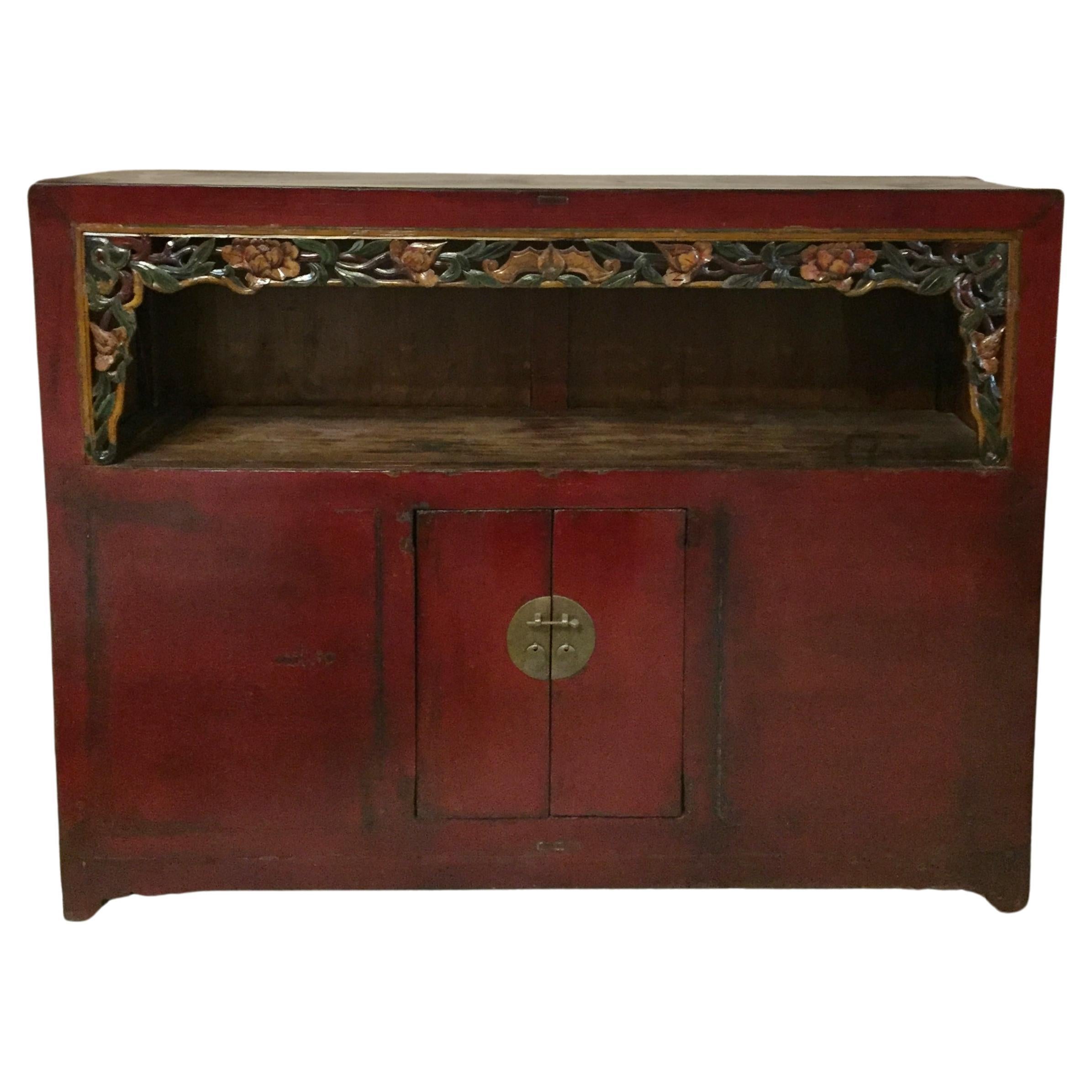 Antique Chinese Scholar's Bookcase Carved Red Sideboard For Sale