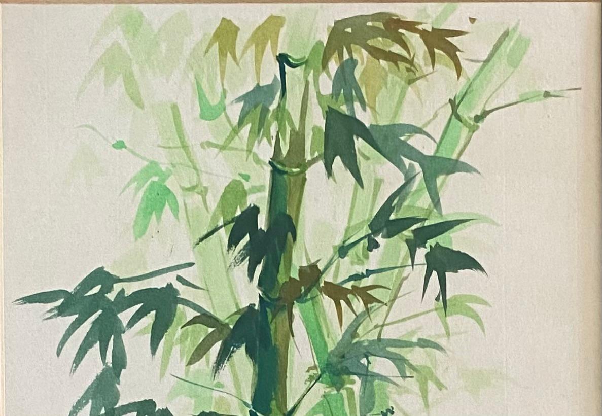 A beautiful antique engraving print of a botanical bamboo plant. 
The poetic composition, meticulous brush strokes and delicate color pallet were characteristic style of the work from Song and Ming dynasties. Many seals were found on these pieces as