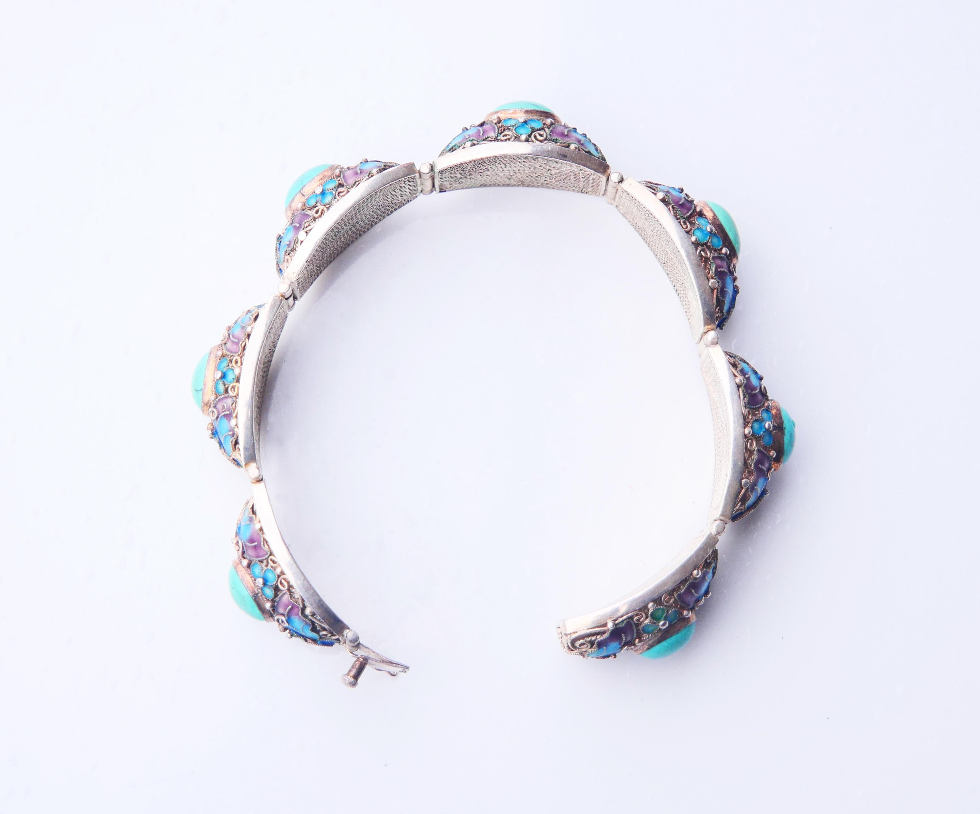 Antique Bracelet Turquoise Enamel solid Silver 17.5 cm / 36.8 gr For Sale 5