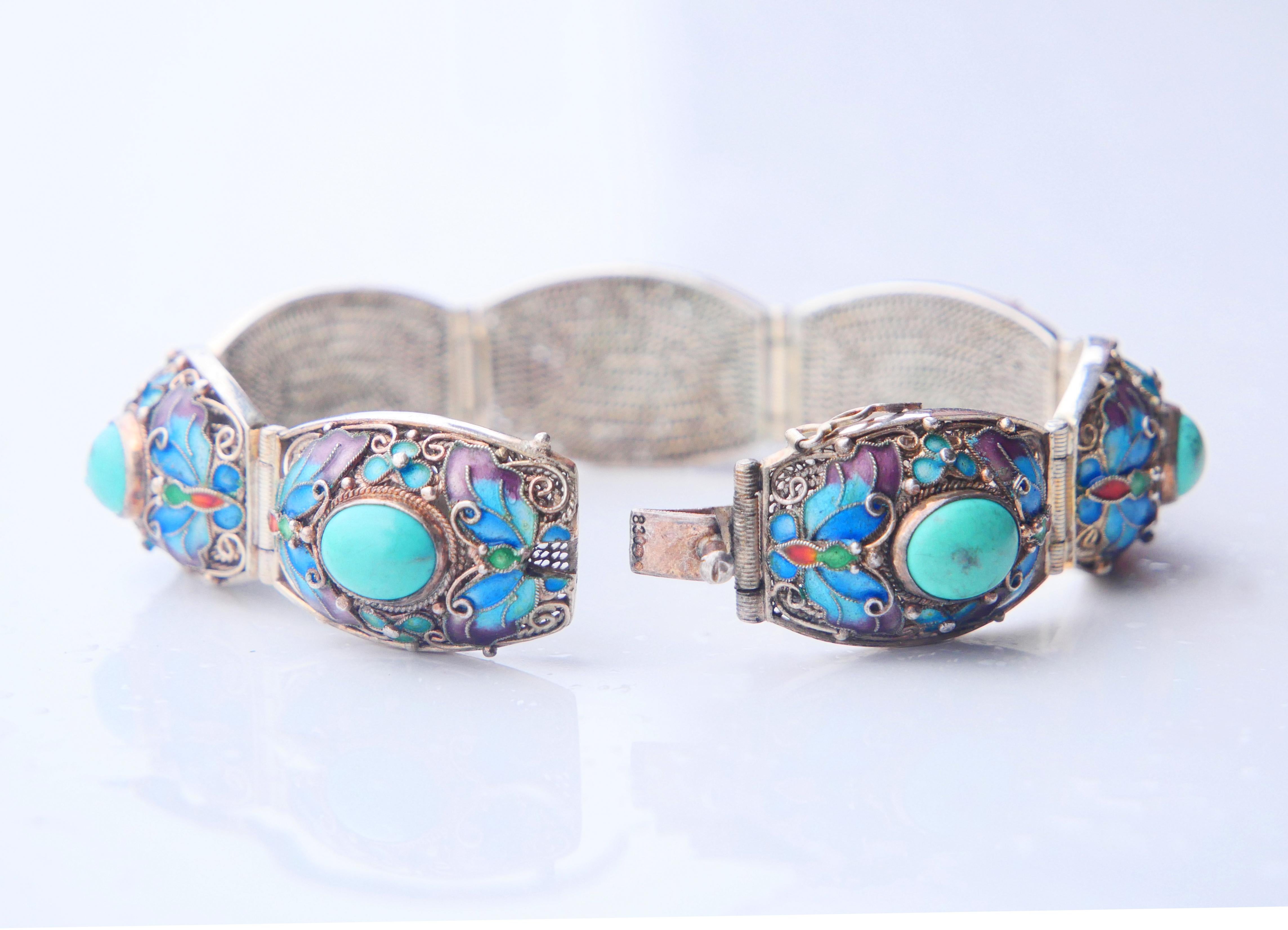 Antique Bracelet Turquoise Enamel solid Silver 17.5 cm / 36.8 gr For Sale 6