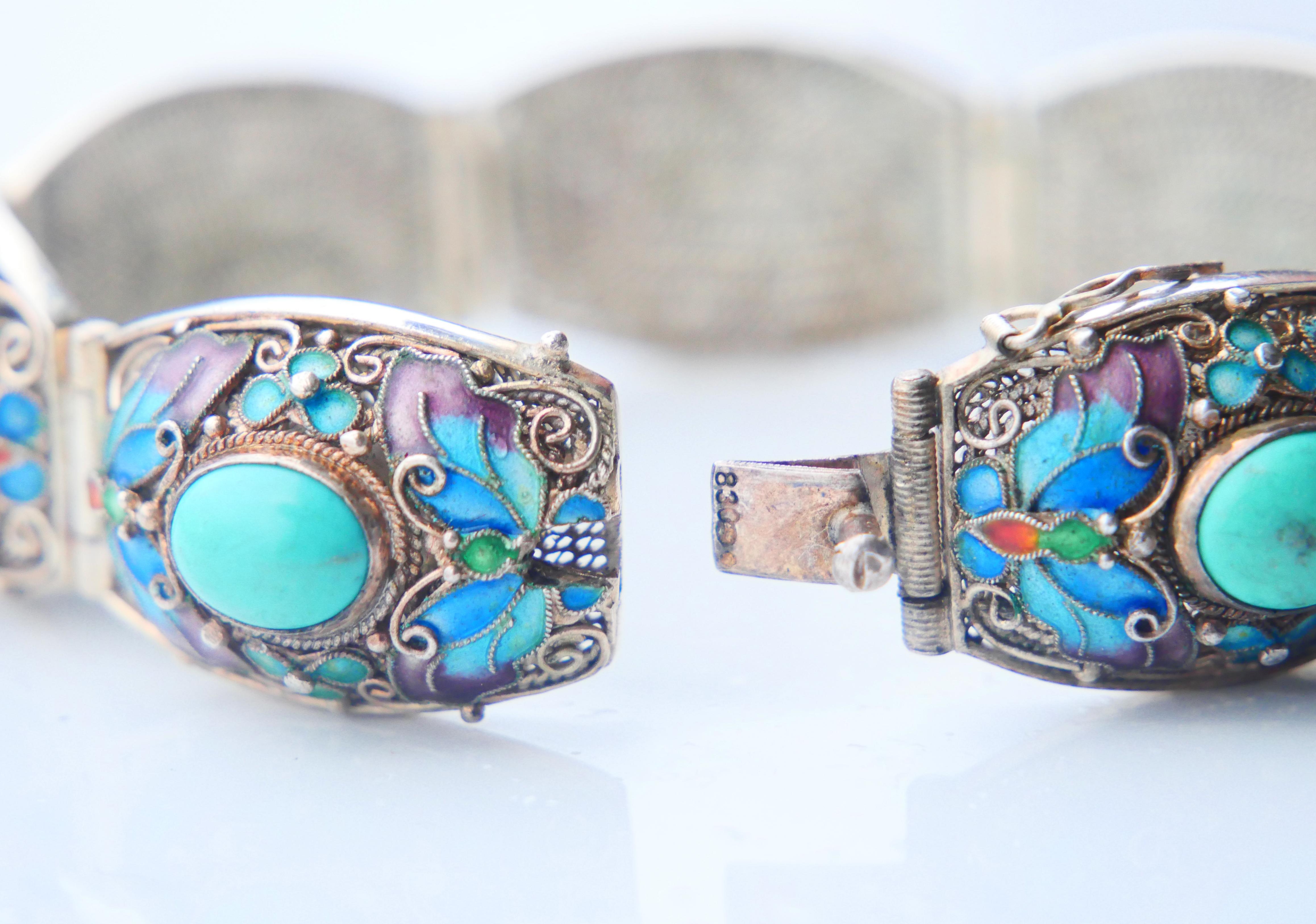 Antique Bracelet Turquoise Enamel solid Silver 17.5 cm / 36.8 gr For Sale 7
