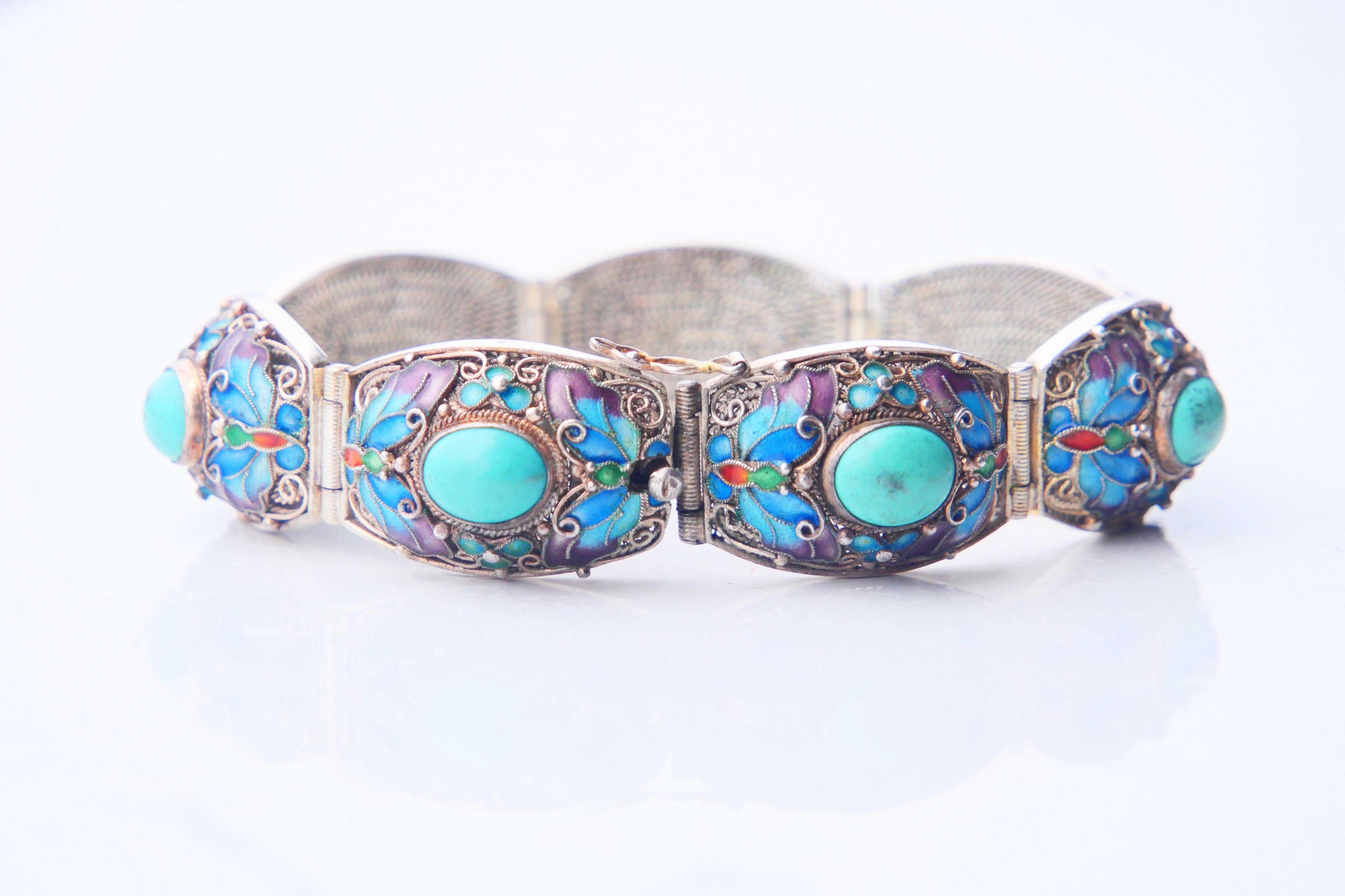 Antique Bracelet Turquoise Enamel solid Silver 17.5 cm / 36.8 gr For Sale 8