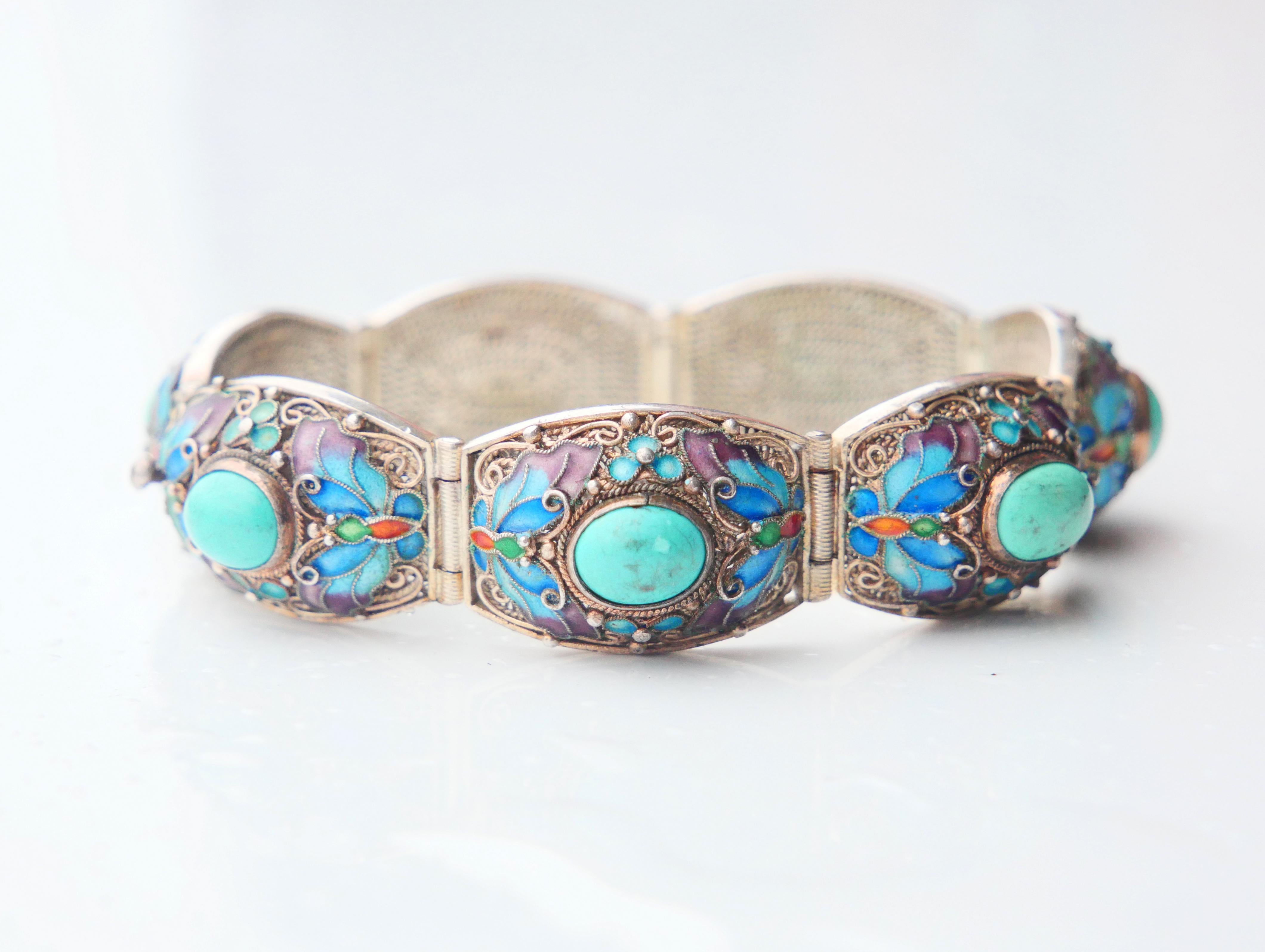 Antique Bracelet Turquoise Enamel solid Silver 17.5 cm / 36.8 gr For Sale 9