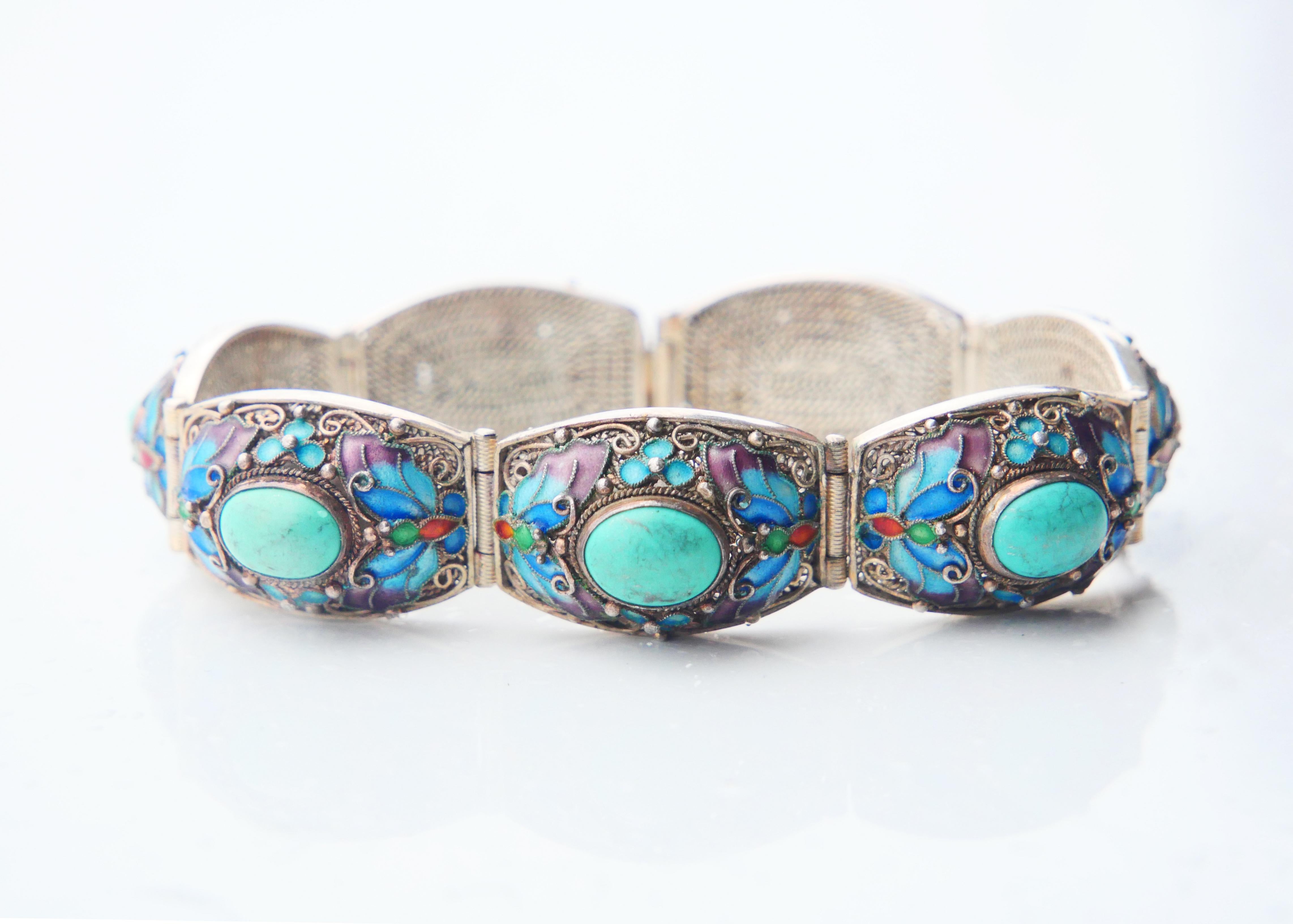 Antique Bracelet Turquoise Enamel solid Silver 17.5 cm / 36.8 gr For Sale 10