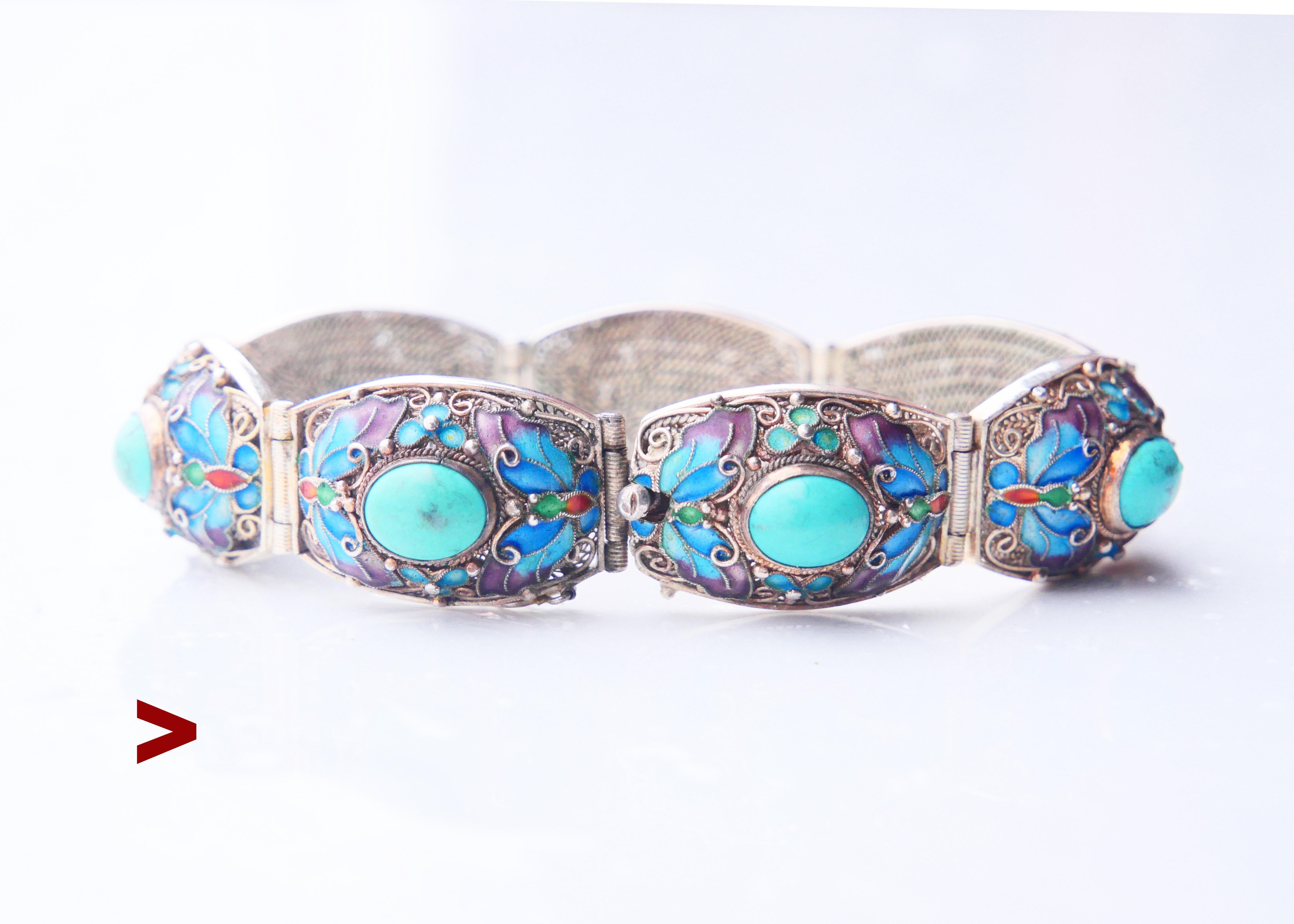 Antique Bracelet Turquoise Enamel solid Silver 17.5 cm / 36.8 gr For Sale 11