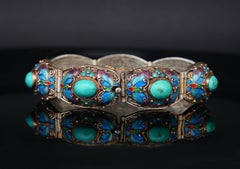 Antique Bracelet Turquoise Enamel solid Silver 17.5 cm / 36.8 gr