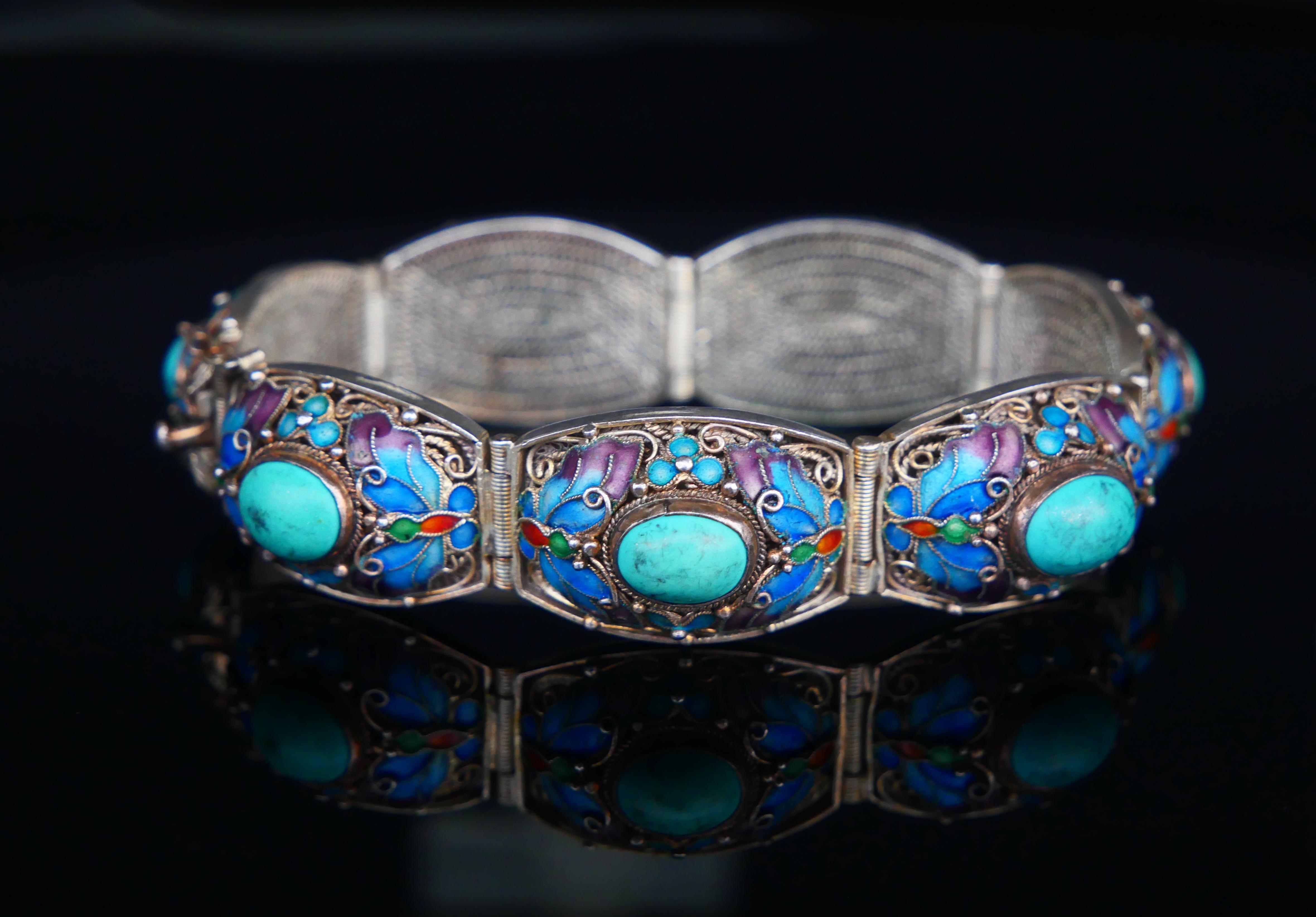 Cabochon Antique Bracelet Turquoise Enamel solid Silver 17.5 cm / 36.8 gr For Sale