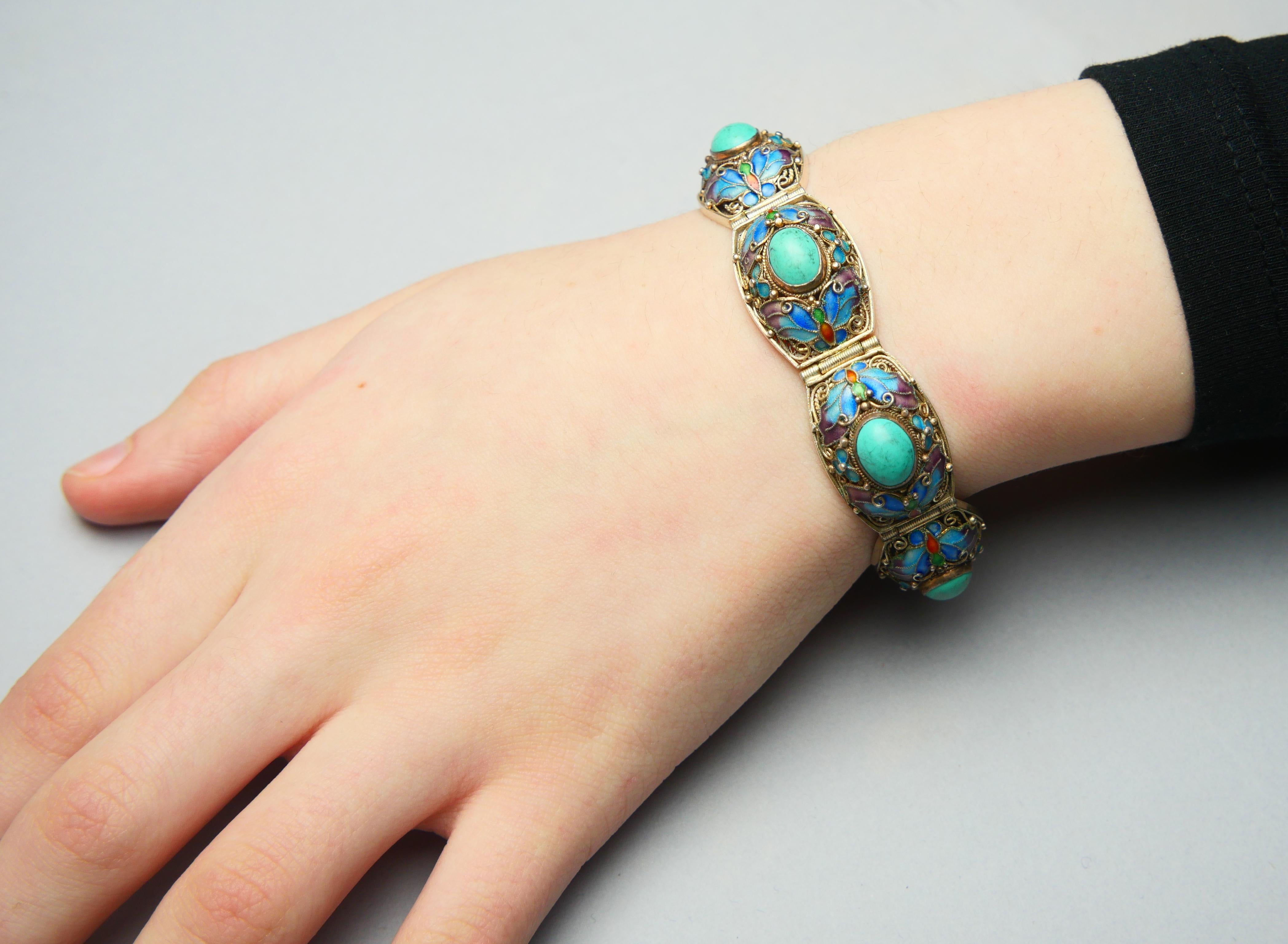 Women's Antique Bracelet Turquoise Enamel solid Silver 17.5 cm / 36.8 gr For Sale