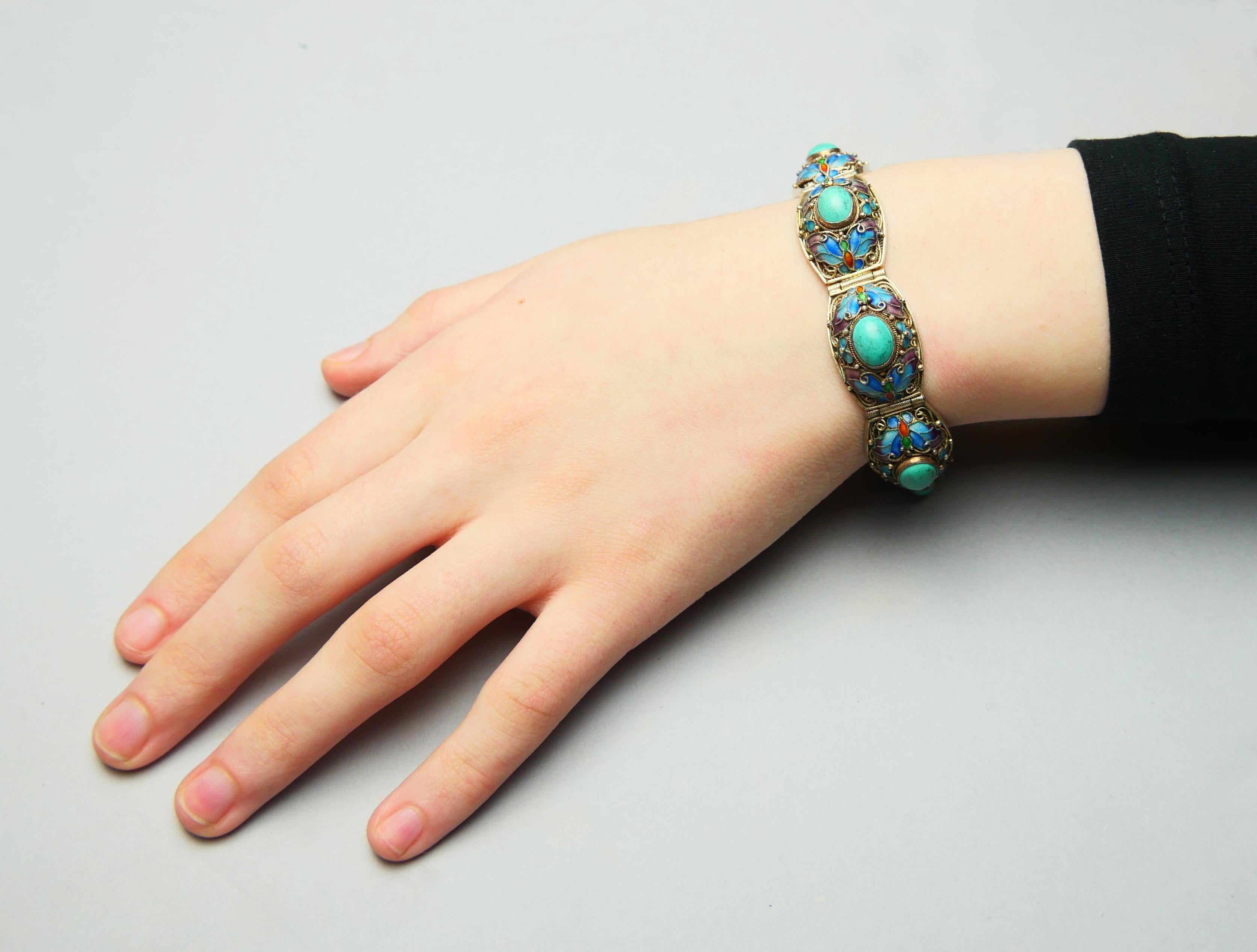 Antique Bracelet Turquoise Enamel solid Silver 17.5 cm / 36.8 gr For Sale 1