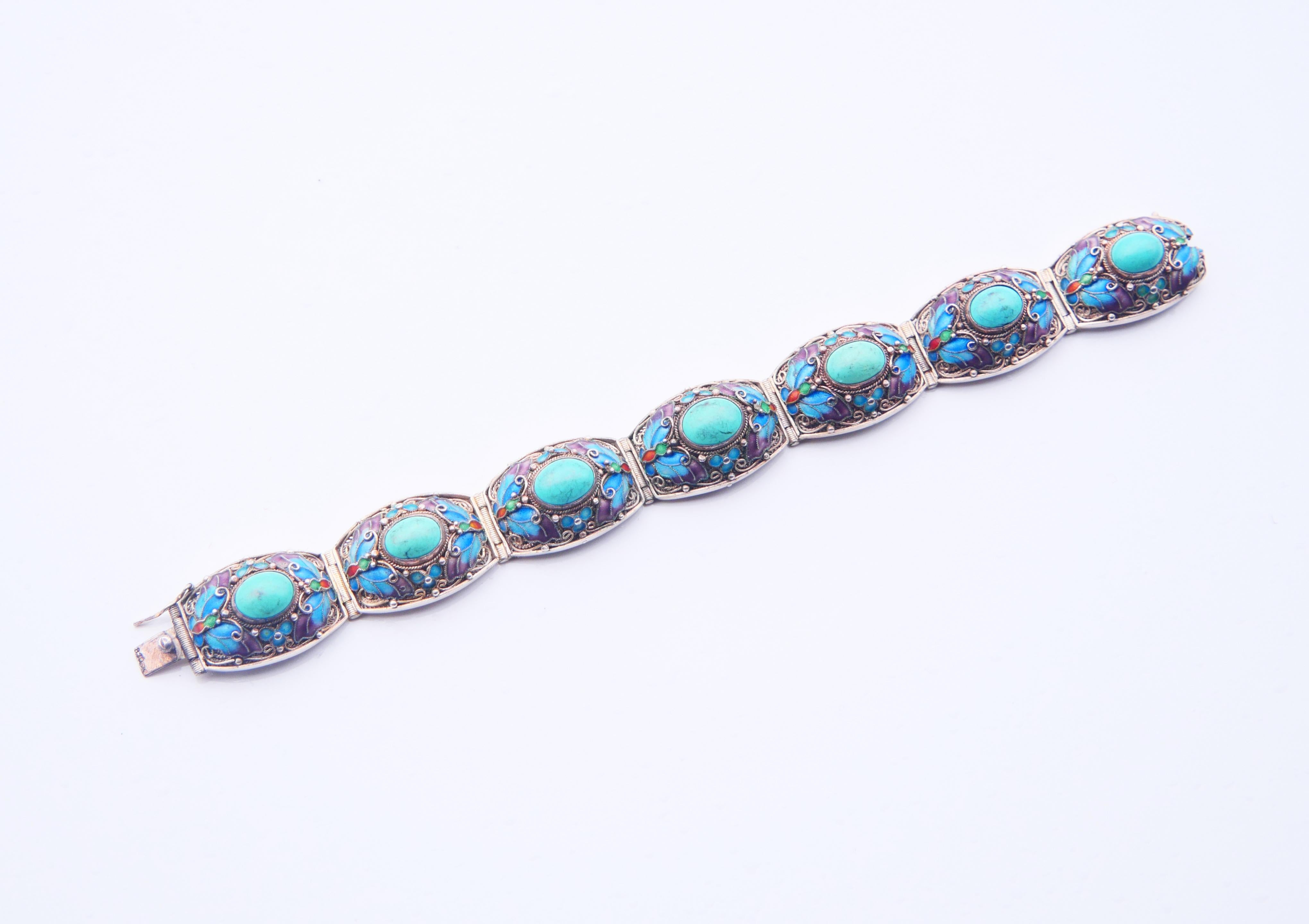Antique Bracelet Turquoise Enamel solid Silver 17.5 cm / 36.8 gr For Sale 2