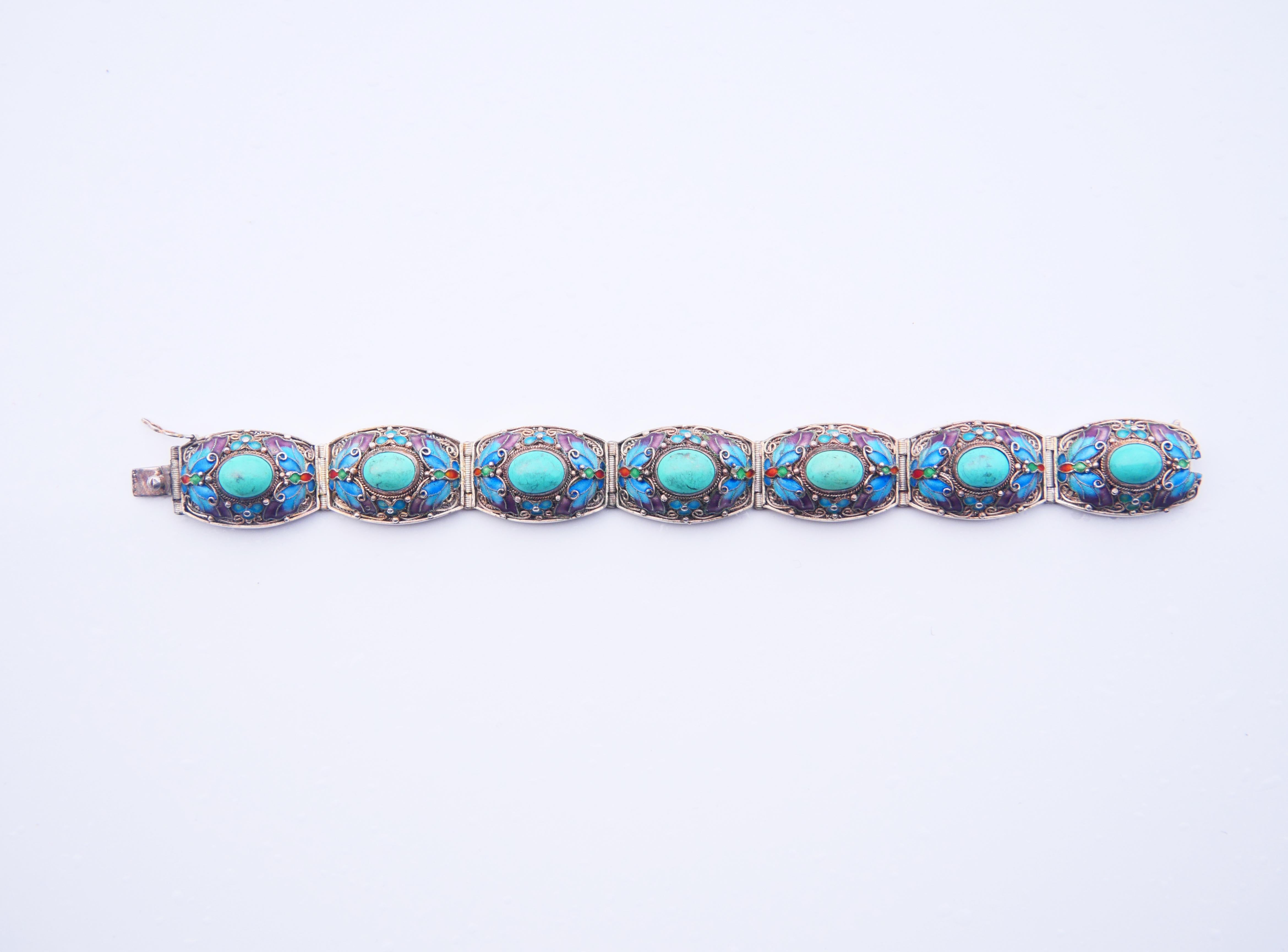 Antique Bracelet Turquoise Enamel solid Silver 17.5 cm / 36.8 gr For Sale 3