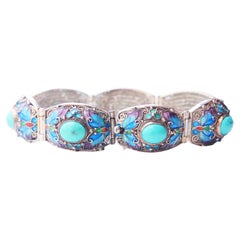 Pulsera Antigua Turquesa Esmalte Plata maciza 17,5 cm / 36,8 gr