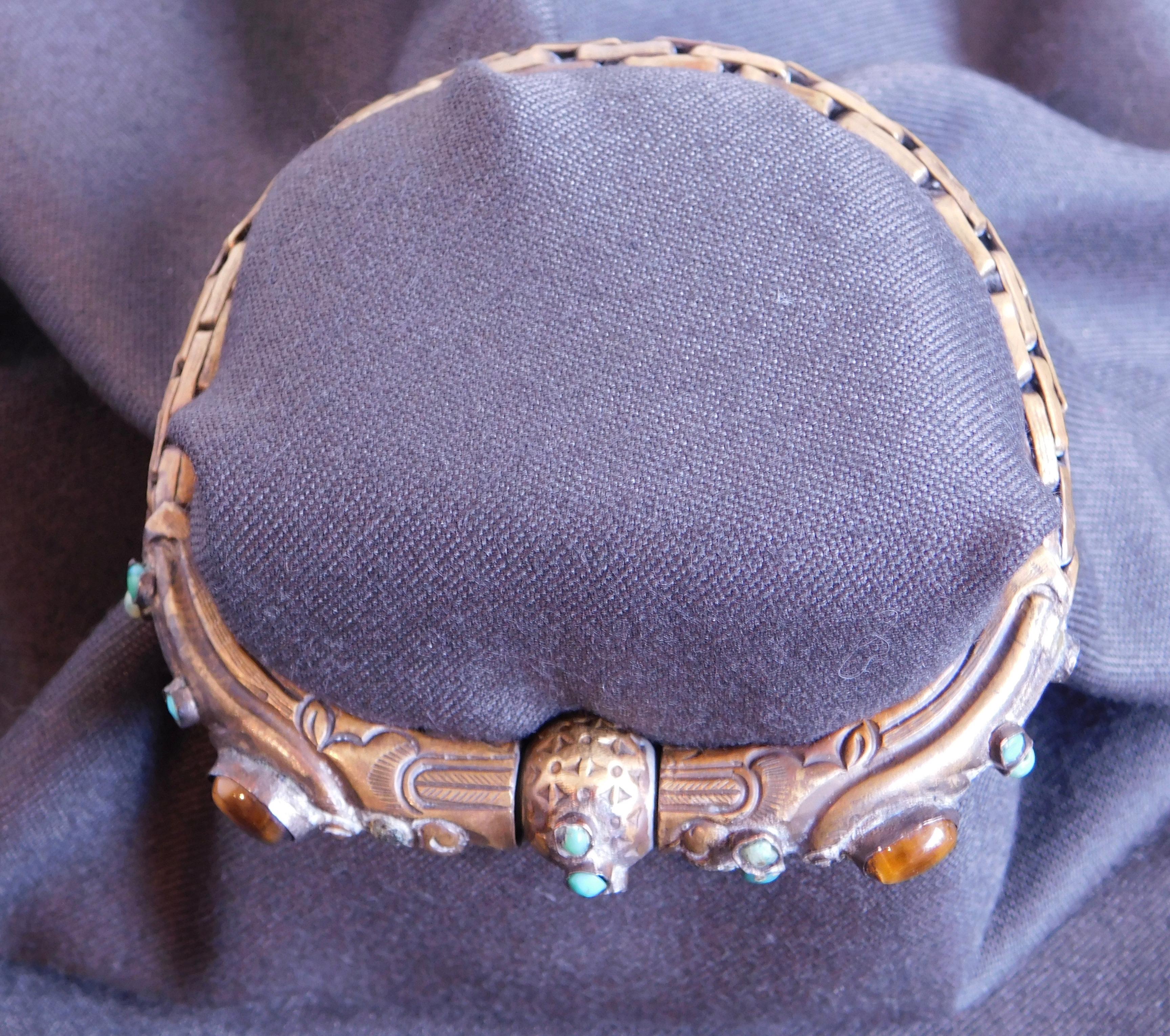 Antique Chinese Brass Bracelet with Turquoise and Tiger Eye Bezel Set Stones. For Sale 1