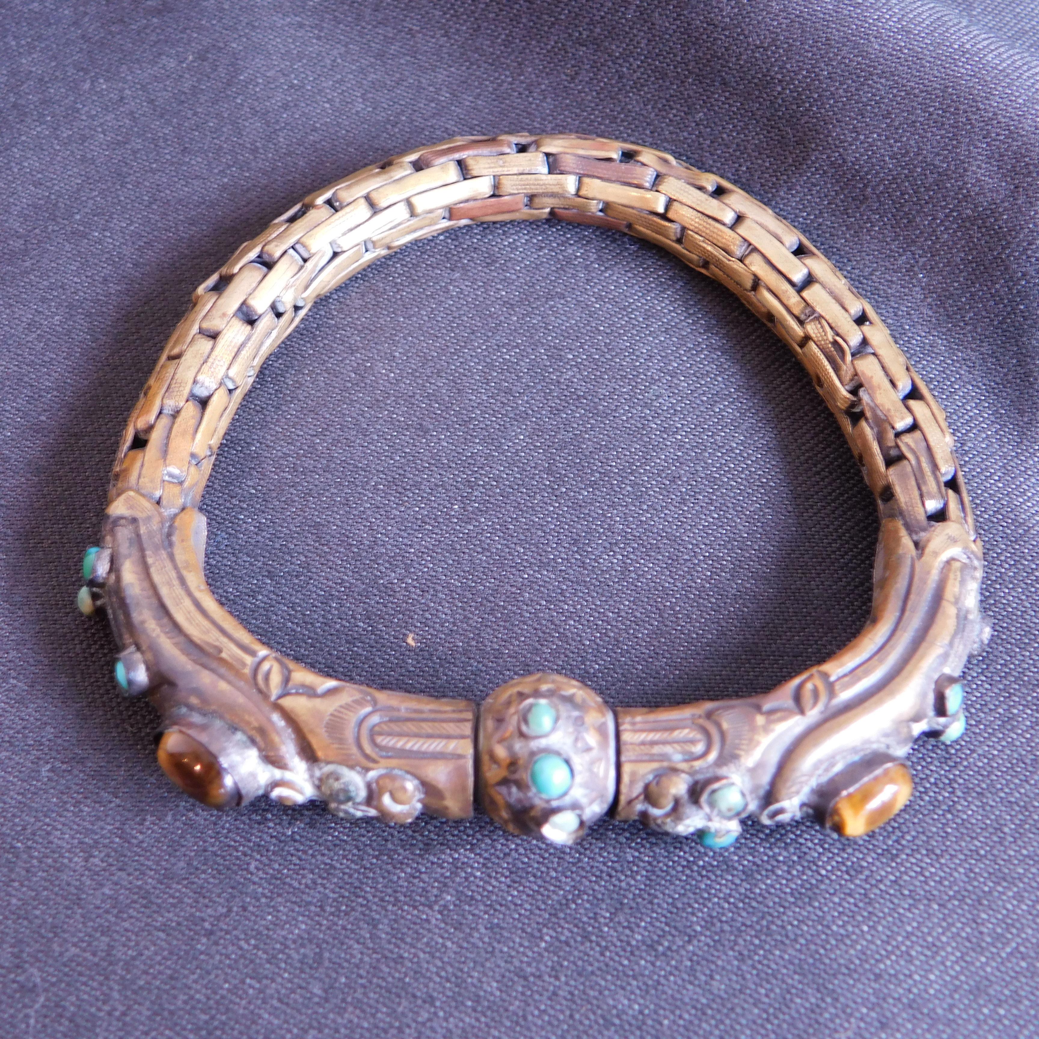 Antique Chinese Brass Bracelet with Turquoise and Tiger Eye Bezel Set Stones. For Sale 4