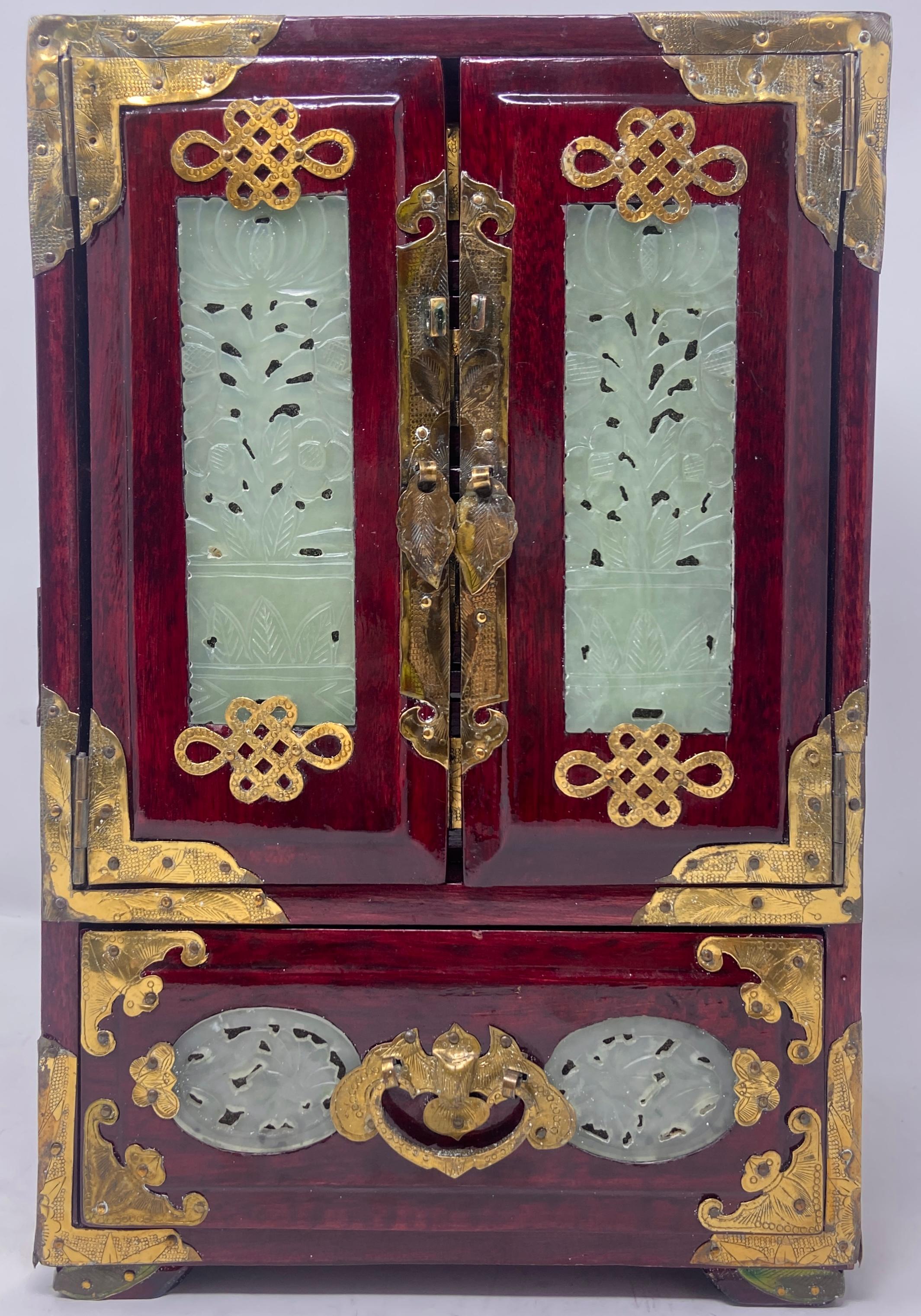 Antique Chinese Brass-Mounted Red Lacquer Mahjong Set with Jade Inlay, Circa 1900-1920.