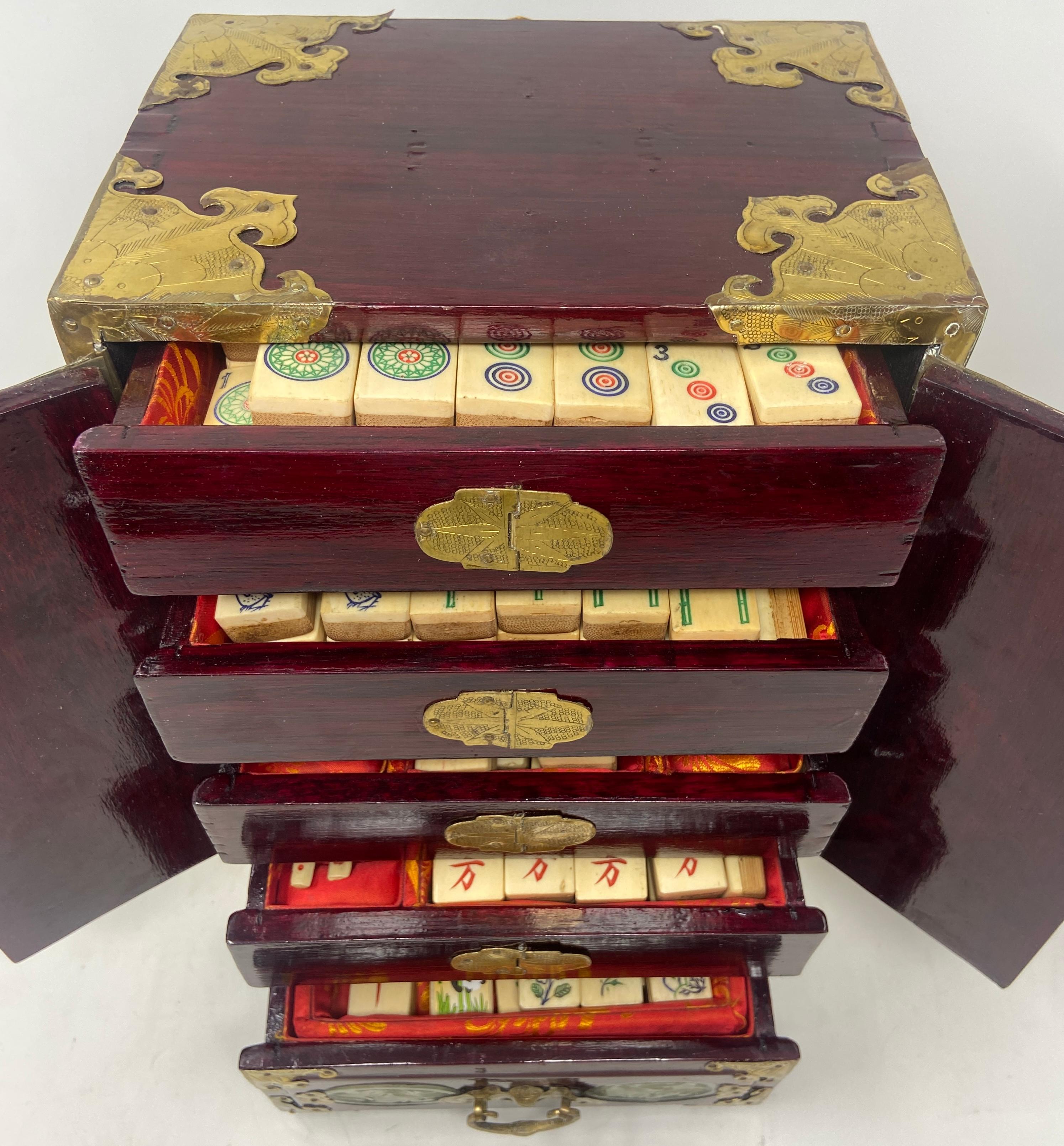20th Century Antique Chinese Brass-Mounted Red Lacquer Mahjong Set with Jade Inlay