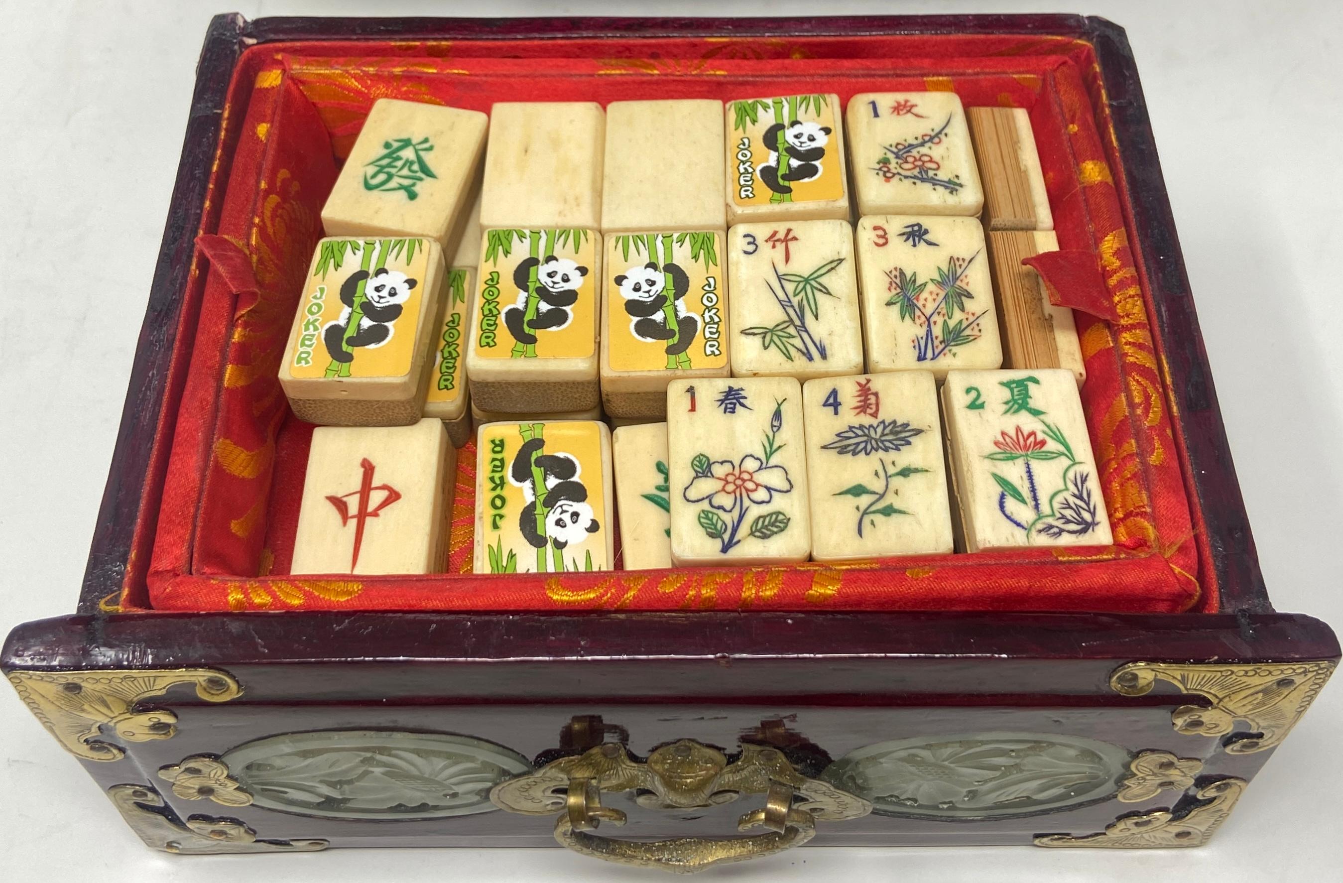 Bamboo Antique Chinese Brass-Mounted Red Lacquer Mahjong Set with Jade Inlay