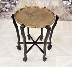 Antique Chinese Brass Tray Folding Table with Engraved Top and Wooden Base