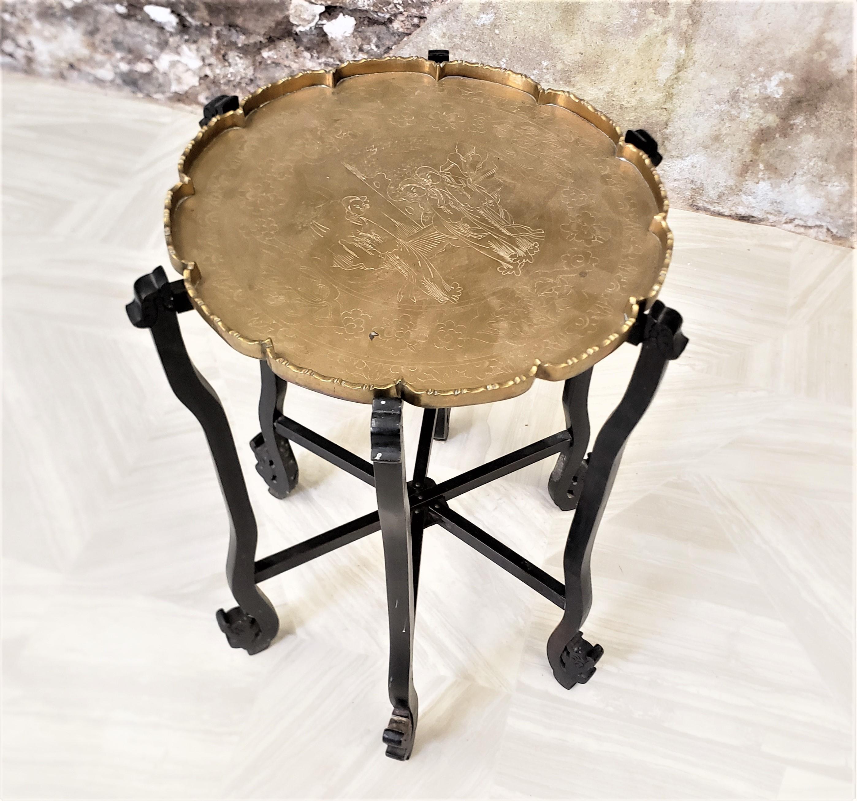 Machine-Made Antique Chinese Brass Tray Folding Table with Engraved Top and Wooden Base For Sale