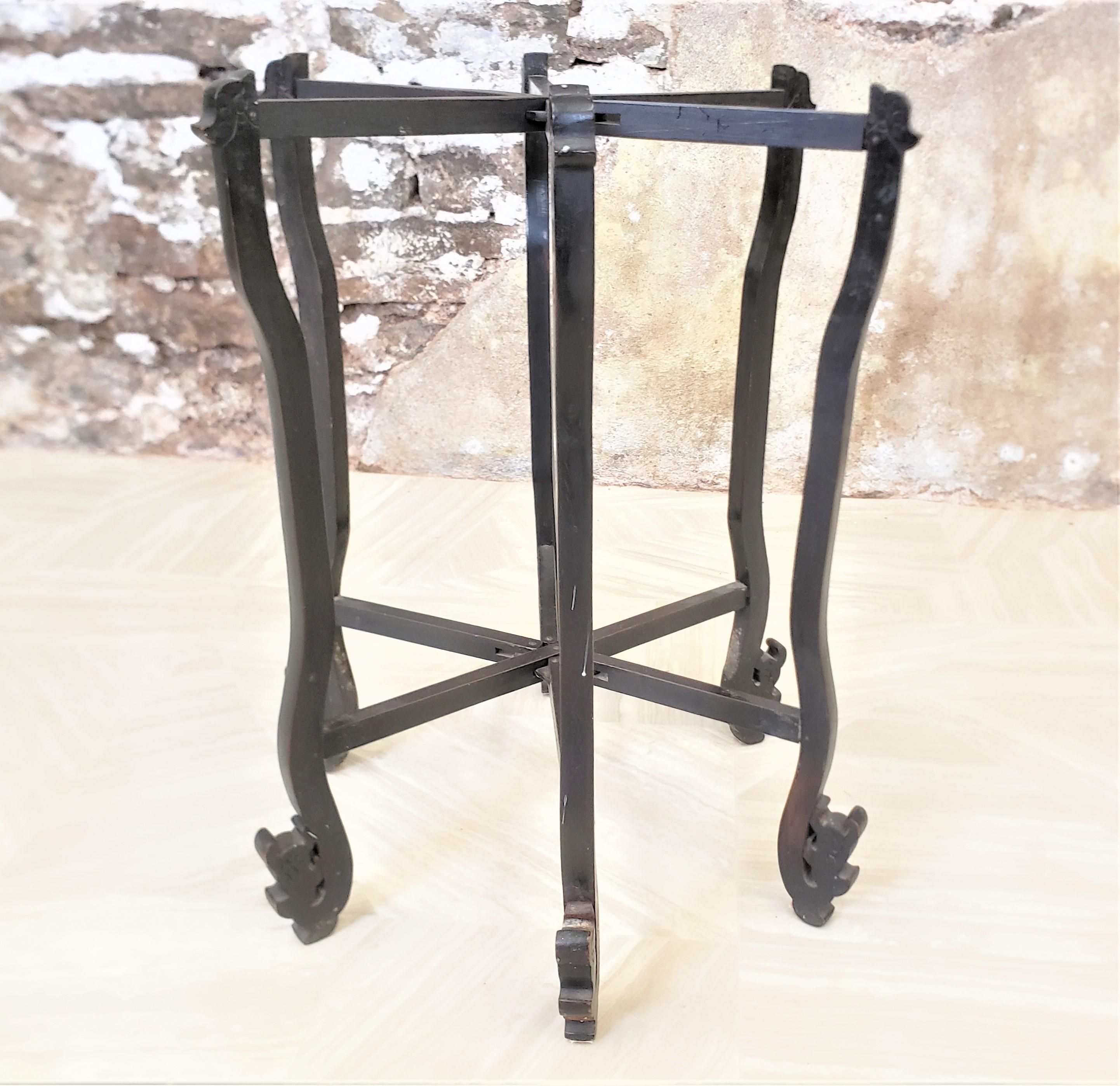20th Century Antique Chinese Brass Tray Folding Table with Engraved Top and Wooden Base For Sale
