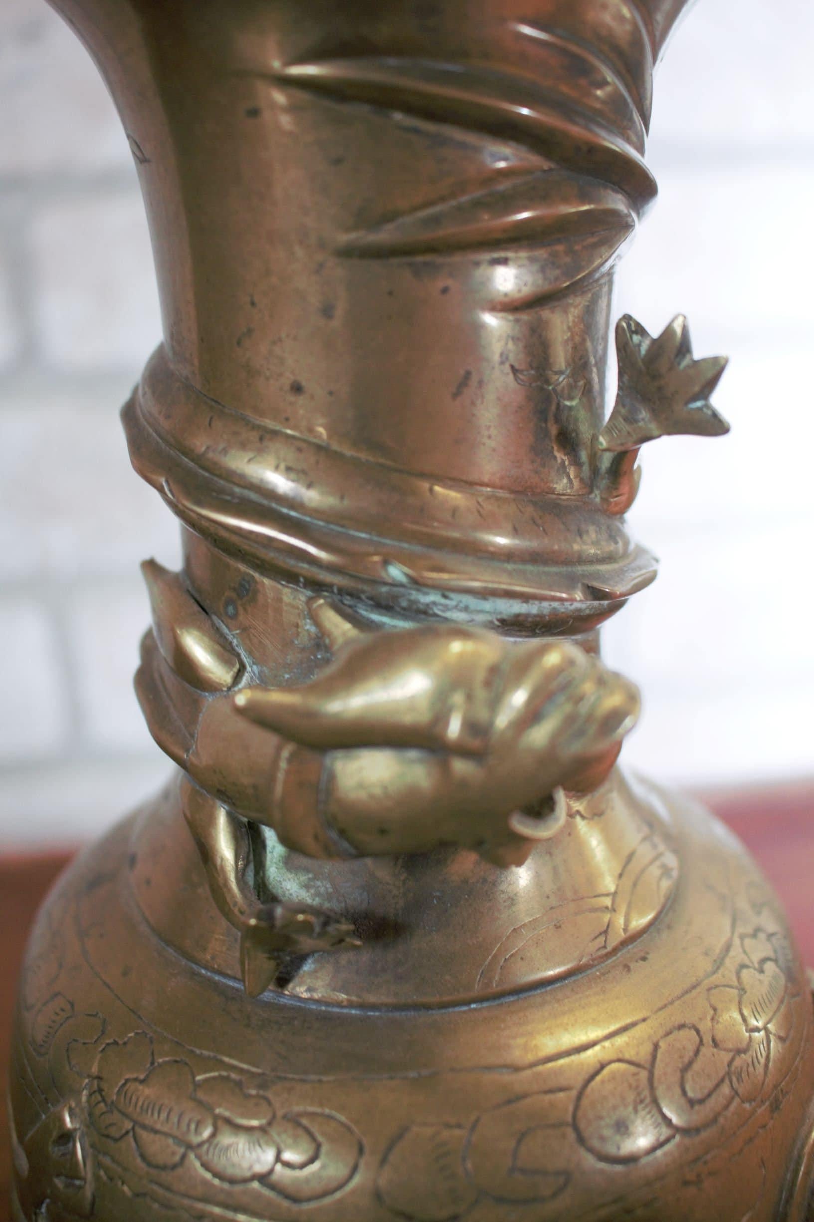 Antique Chinese Bronze 5 Claws Royal Dragons Sculpted Vase - Pair

This pair of 19th century rare bronze vases are decorated with sculpted Imperial royal five claw dragons. The dragon has always had a powerful significance in Chinese culture as a