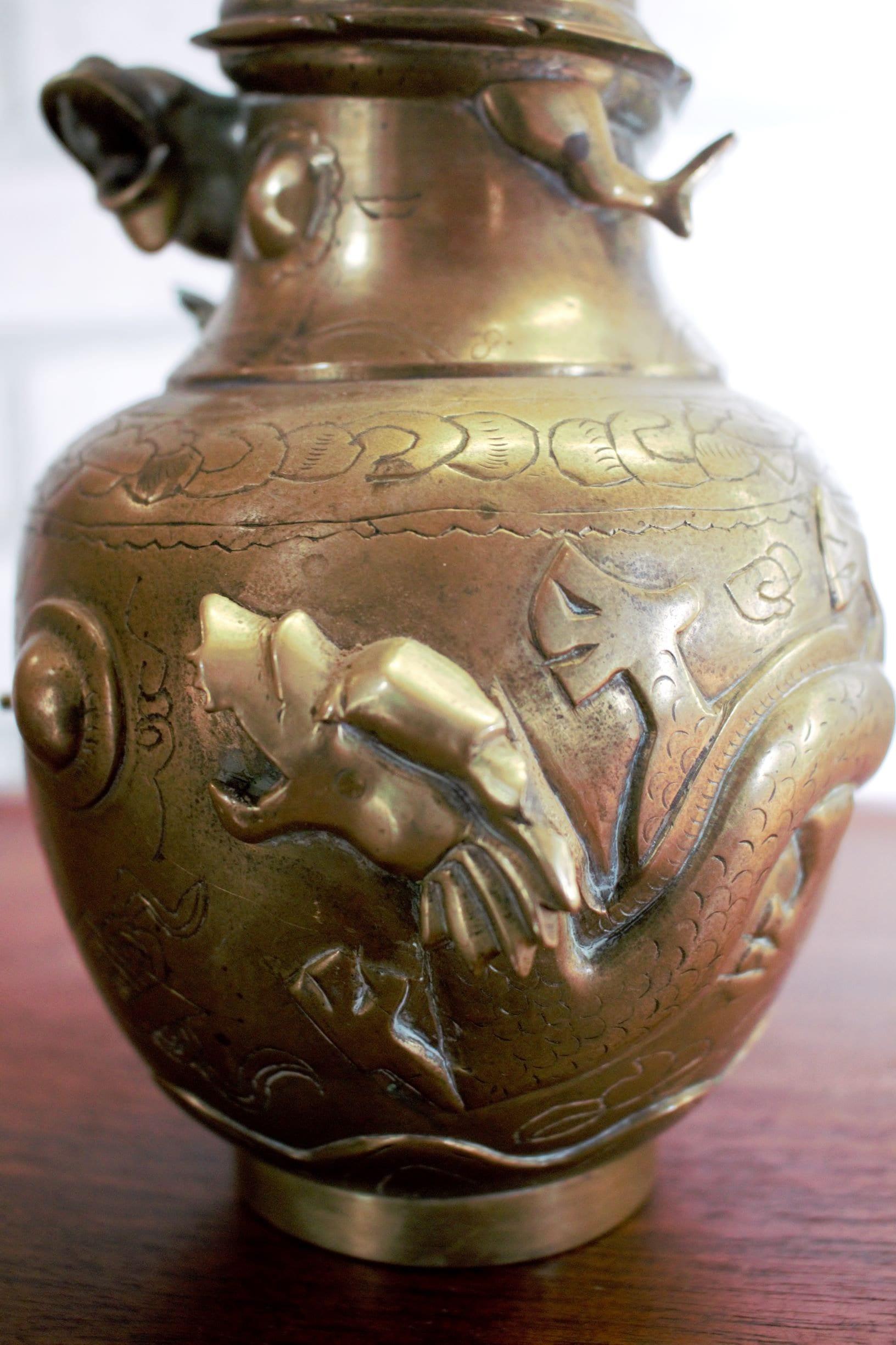 Antique Chinese Bronze 5 Claws Royal Dragons Sculpted Vase - Pair In Good Condition For Sale In Chicago, IL