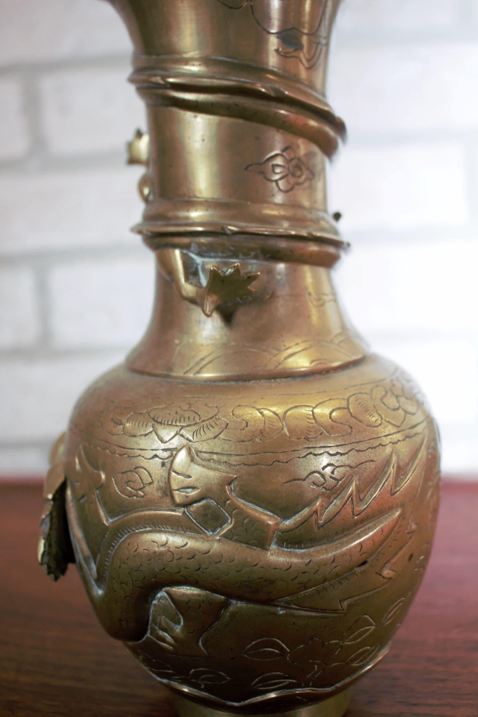 19th Century Antique Chinese Bronze 5 Claws Royal Dragons Sculpted Vase - Pair For Sale