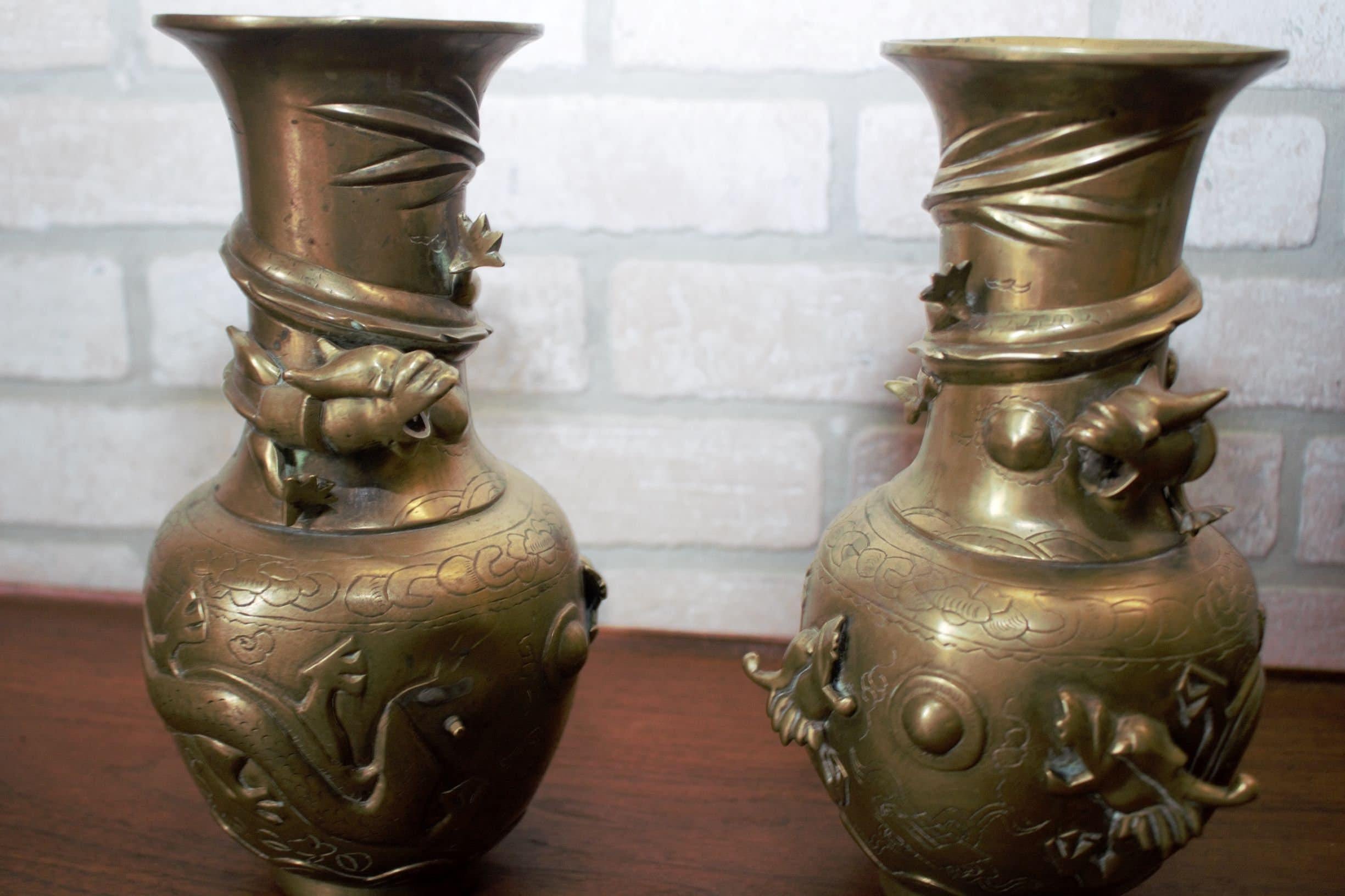 Antique Chinese Bronze 5 Claws Royal Dragons Sculpted Vase - Pair For Sale 1