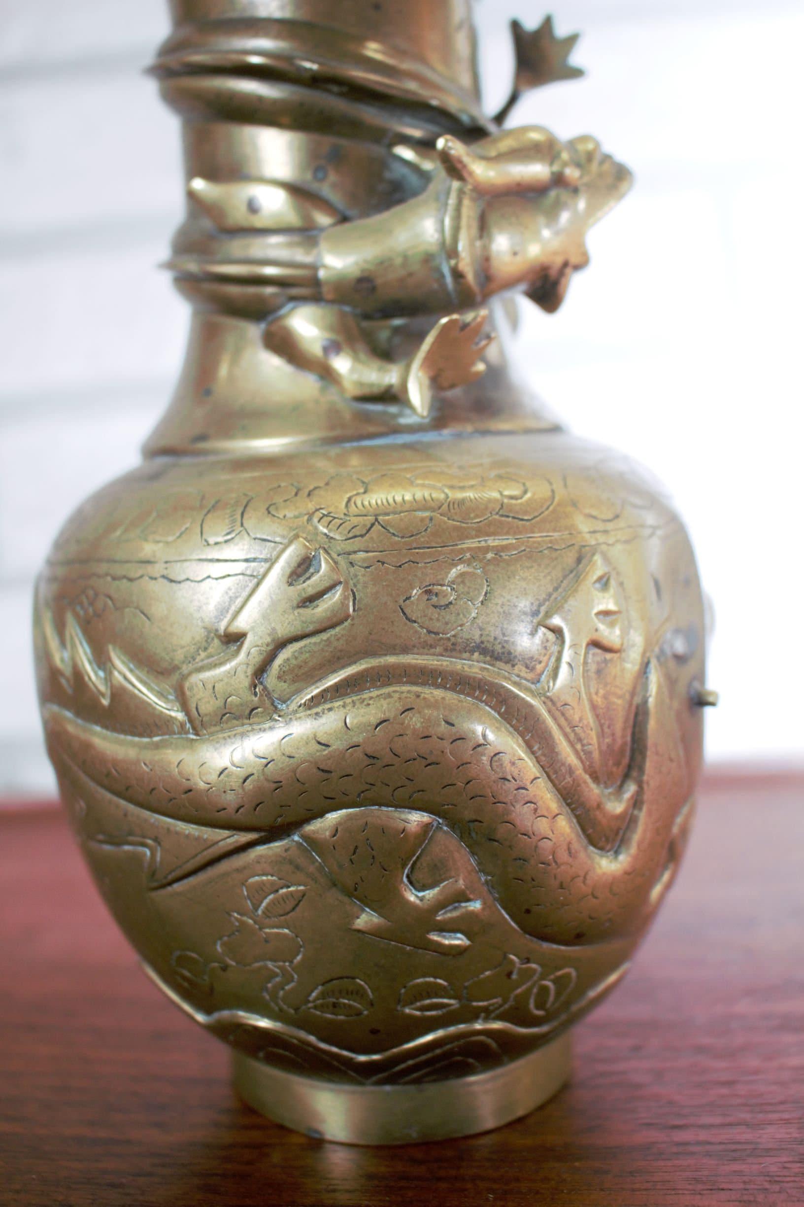 Antique Chinese Bronze 5 Claws Royal Dragons Sculpted Vase - Pair For Sale 2