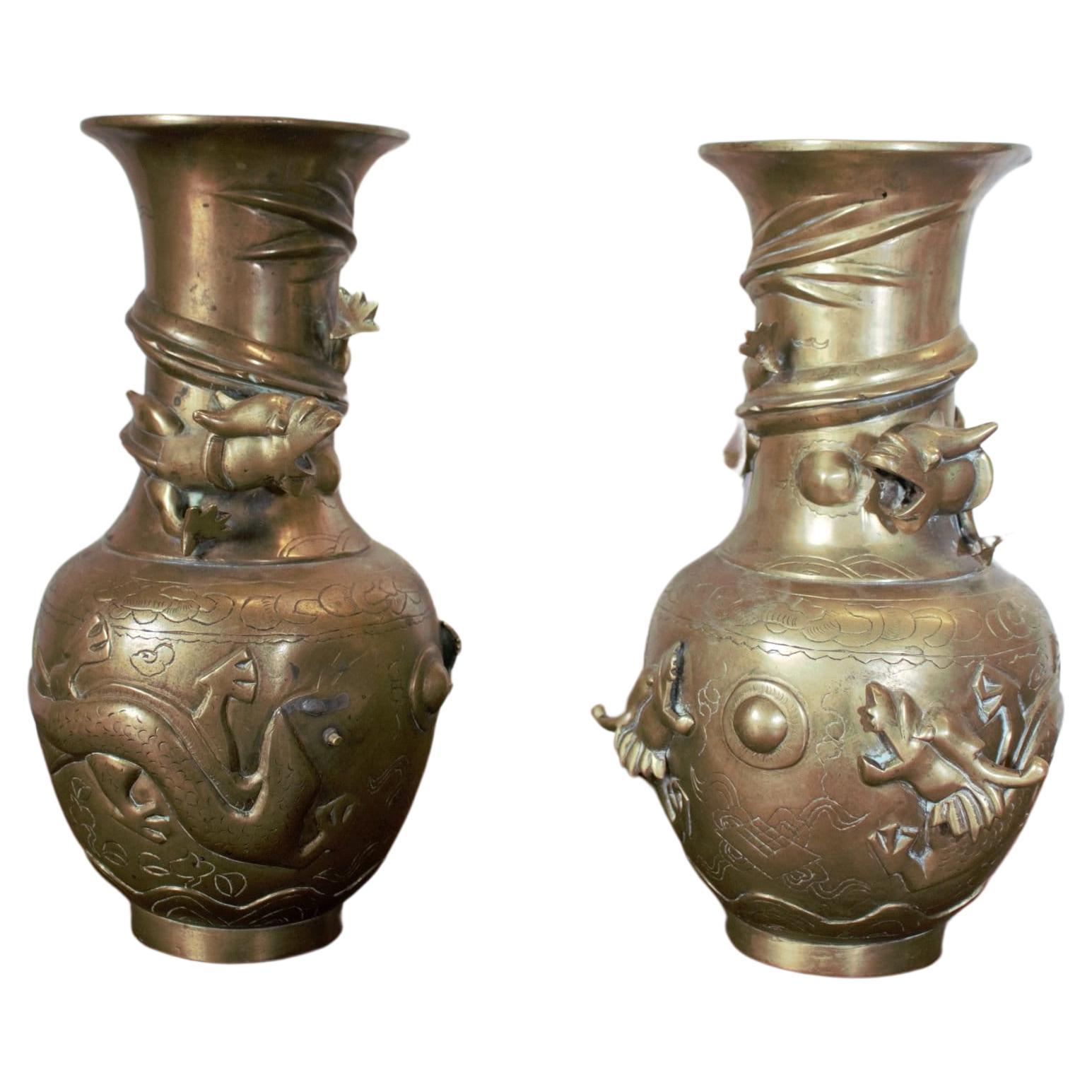 Antique Chinese Bronze 5 Claws Royal Dragons Sculpted Vase - Pair For Sale