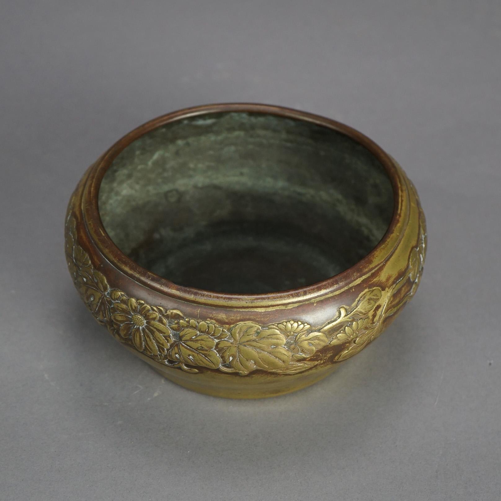 Asian Antique Chinese Bronze Bowl with Embossed Floral Border 19thC For Sale