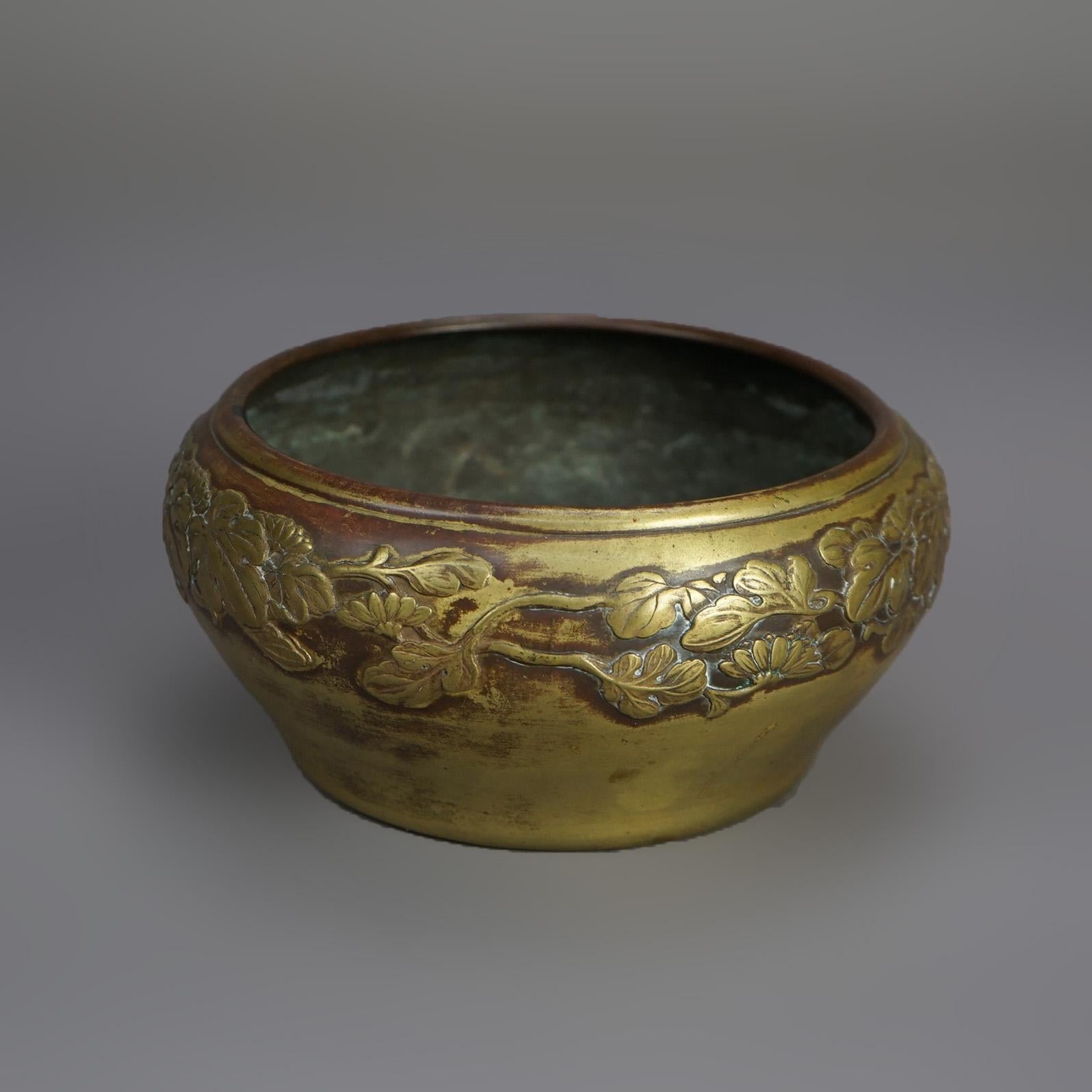 19th Century Antique Chinese Bronze Bowl with Embossed Floral Border 19thC For Sale
