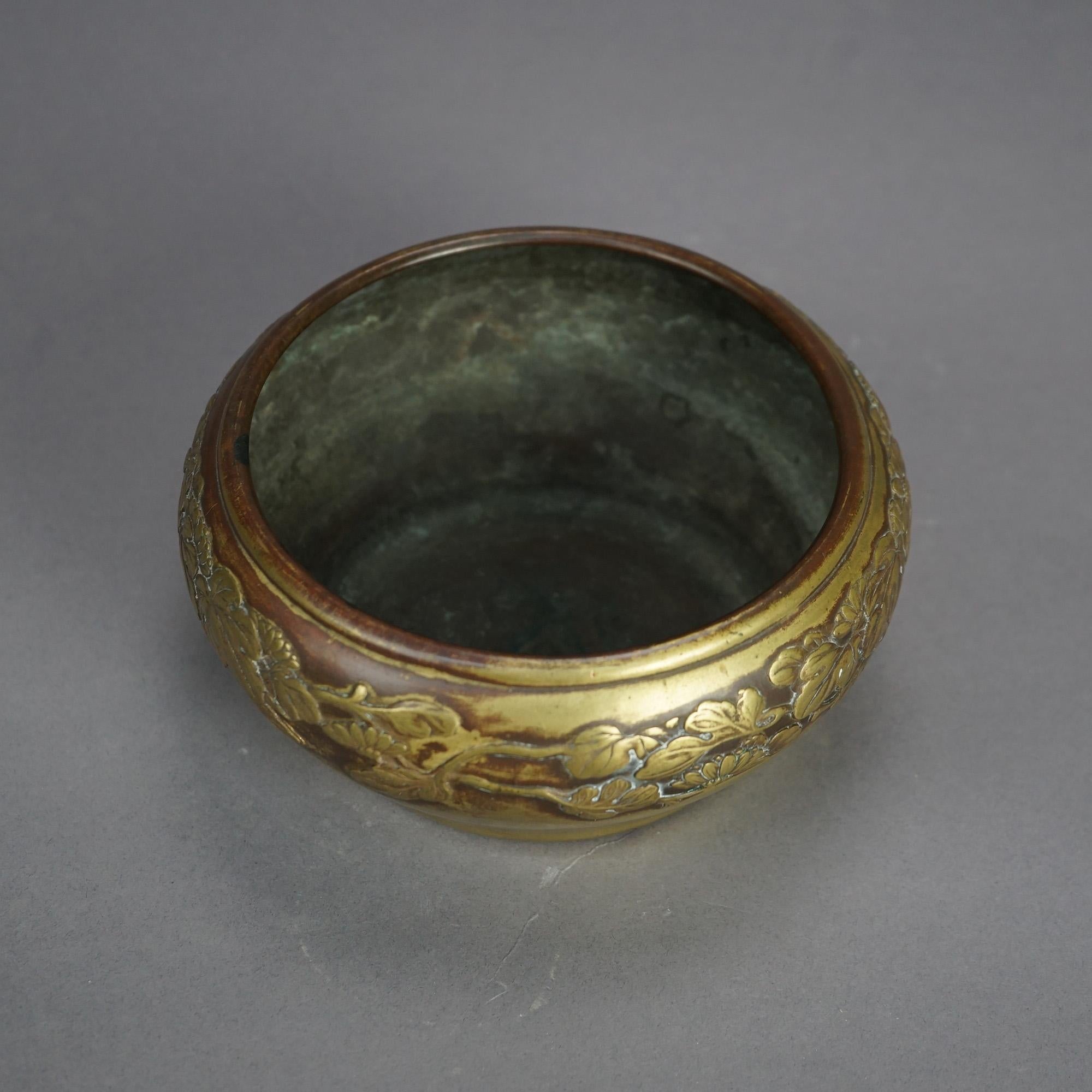 Antique Chinese Bronze Bowl with Embossed Floral Border 19thC For Sale 1