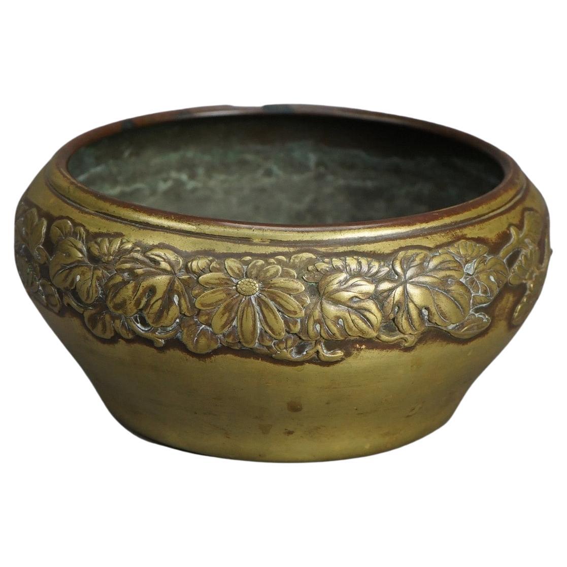 Antique Chinese Bronze Bowl with Embossed Floral Border 19thC For Sale