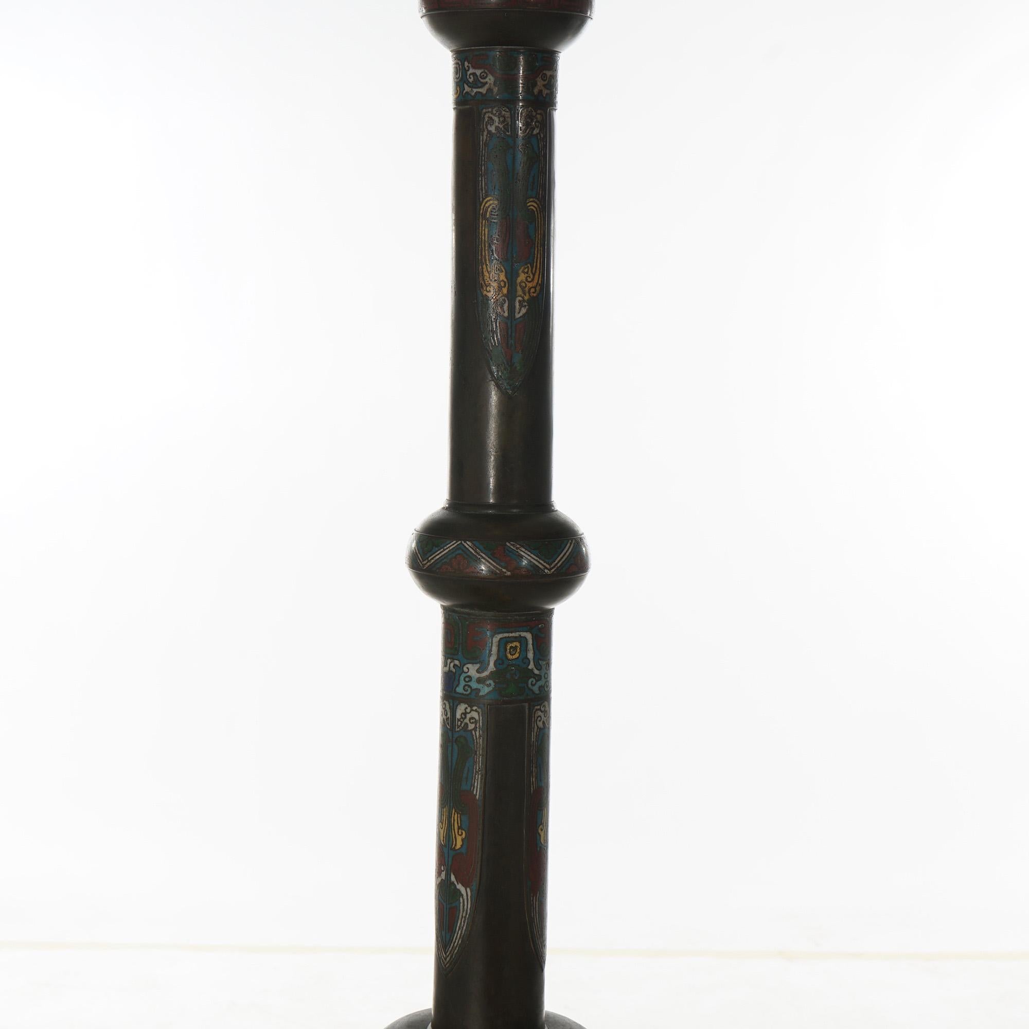 Antique Chinese Bronze Champleve & Leaded Glass Floor Lamp C1920 10