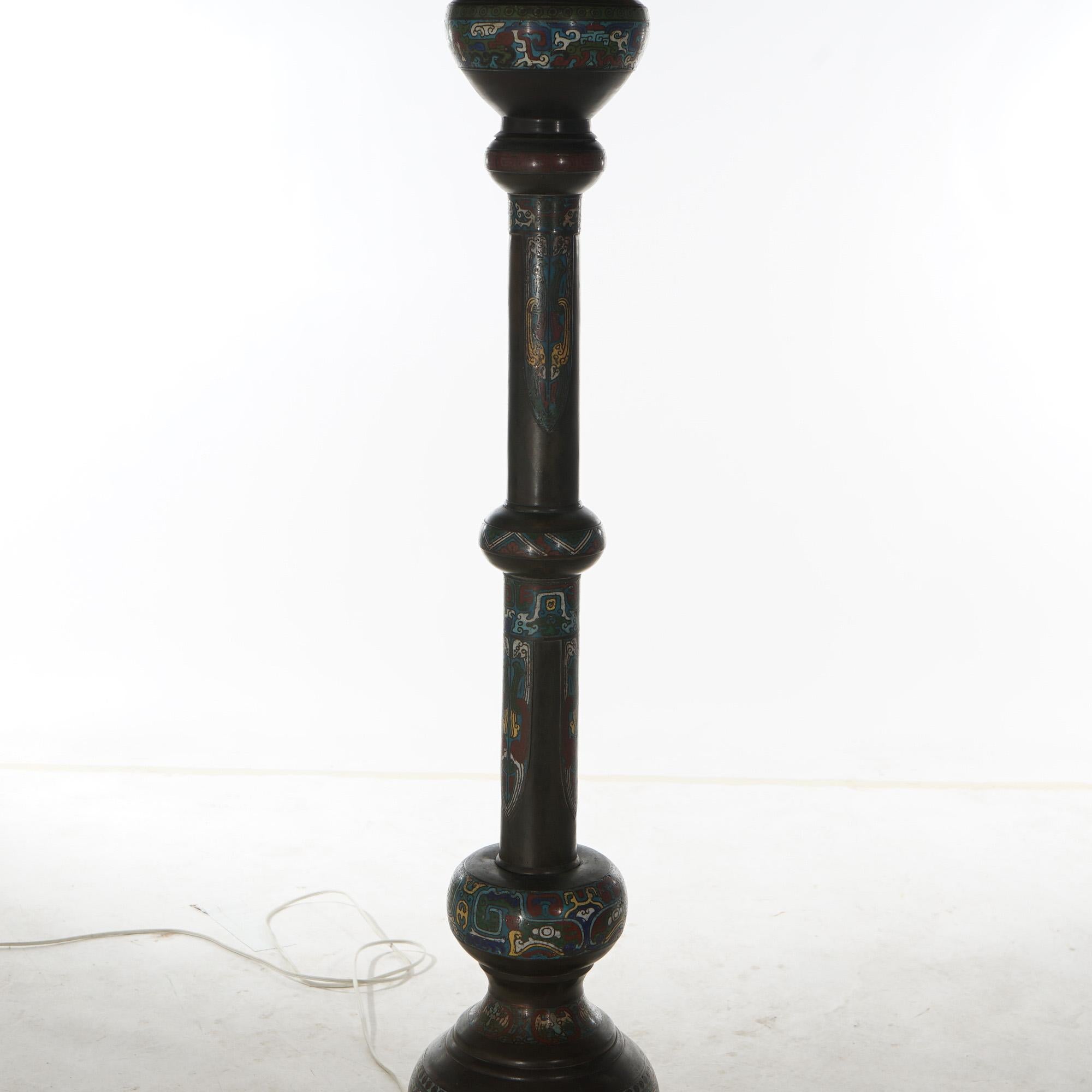 Antique Chinese Bronze Champleve & Leaded Glass Floor Lamp C1920 11