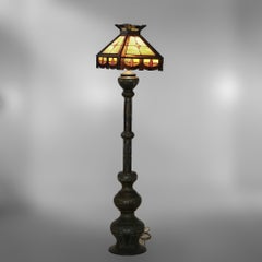 Antique Chinese Bronze Champleve & Leaded Glass Floor Lamp C1920