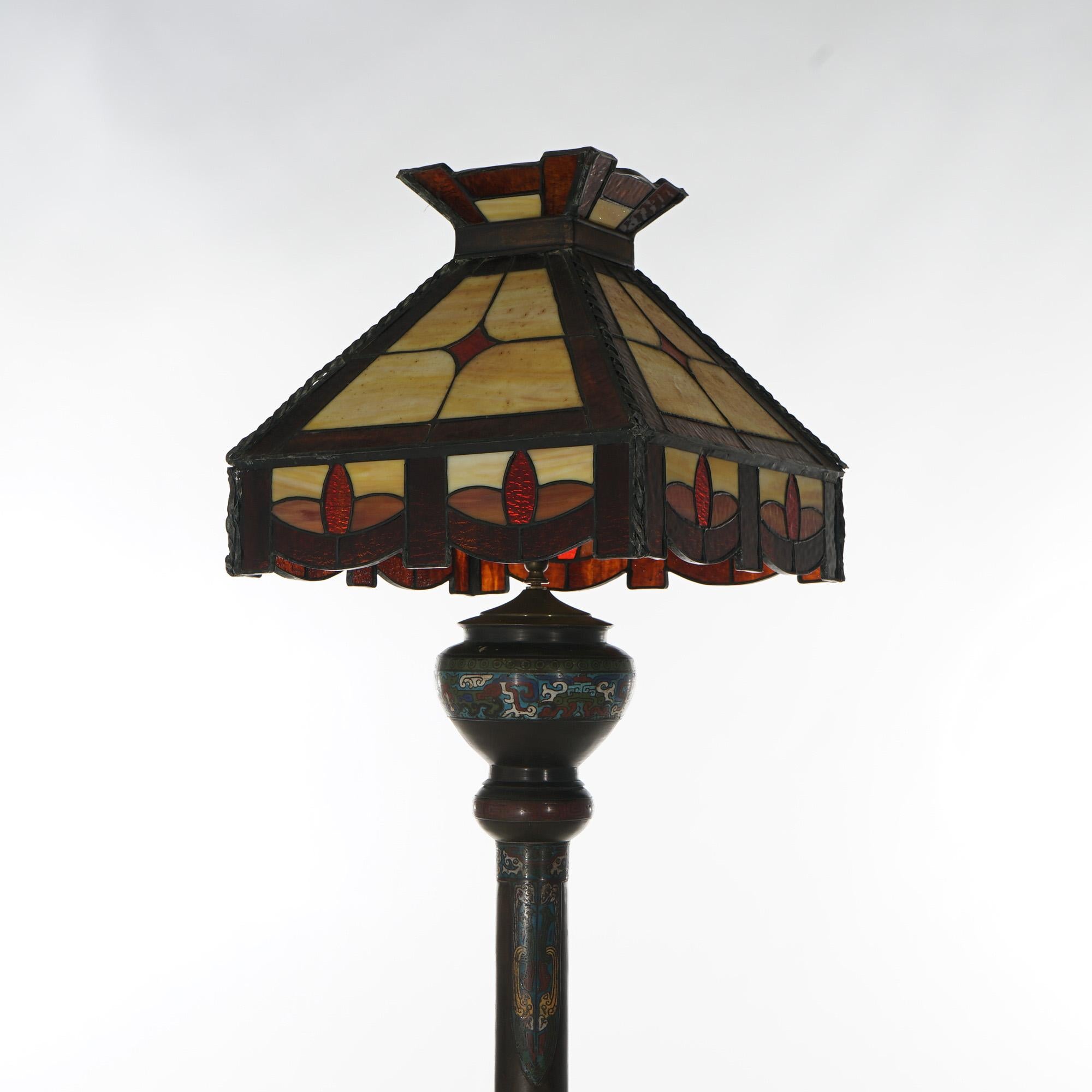 Champlevé Antique Chinese Bronze Champleve & Leaded Glass Floor Lamp C1920