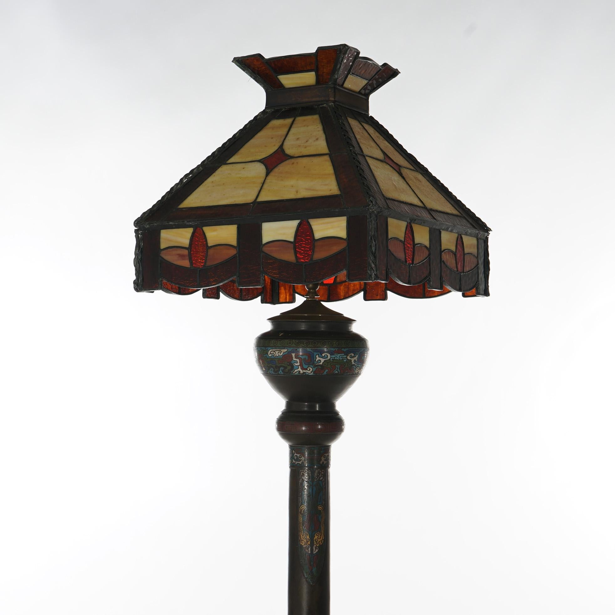 Antique Chinese Bronze Champleve & Leaded Glass Floor Lamp C1920 In Good Condition In Big Flats, NY