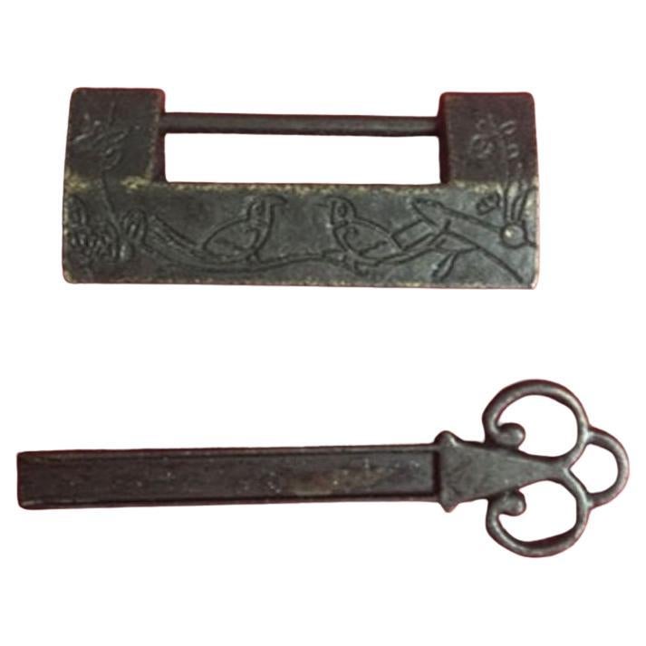 Vintage Chinese Bronze Classic Lock with Key For Sale