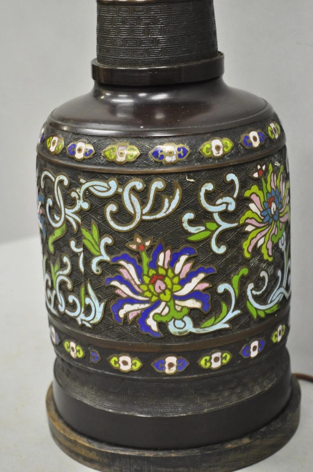 Antique Chinese Bronze Cloisonne Enameled Champleve Chinoiserie Table Lamp For Sale 5