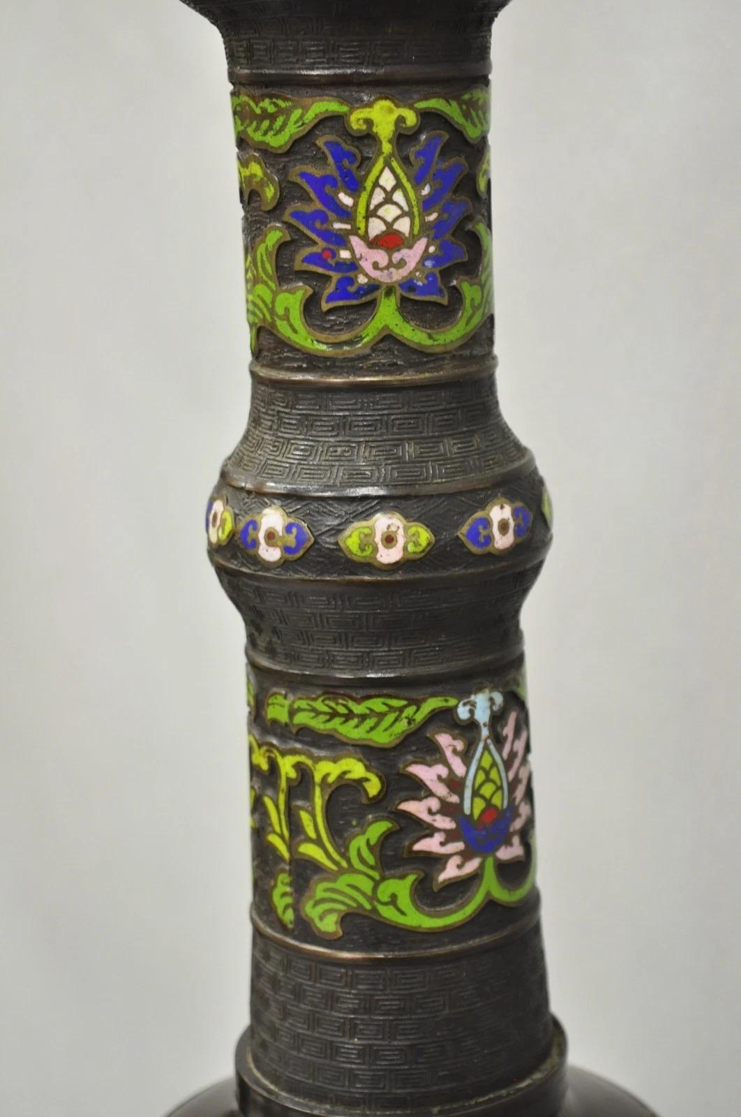 Antique Chinese Bronze Cloisonne Enameled Champleve Chinoiserie Table Lamp For Sale 6