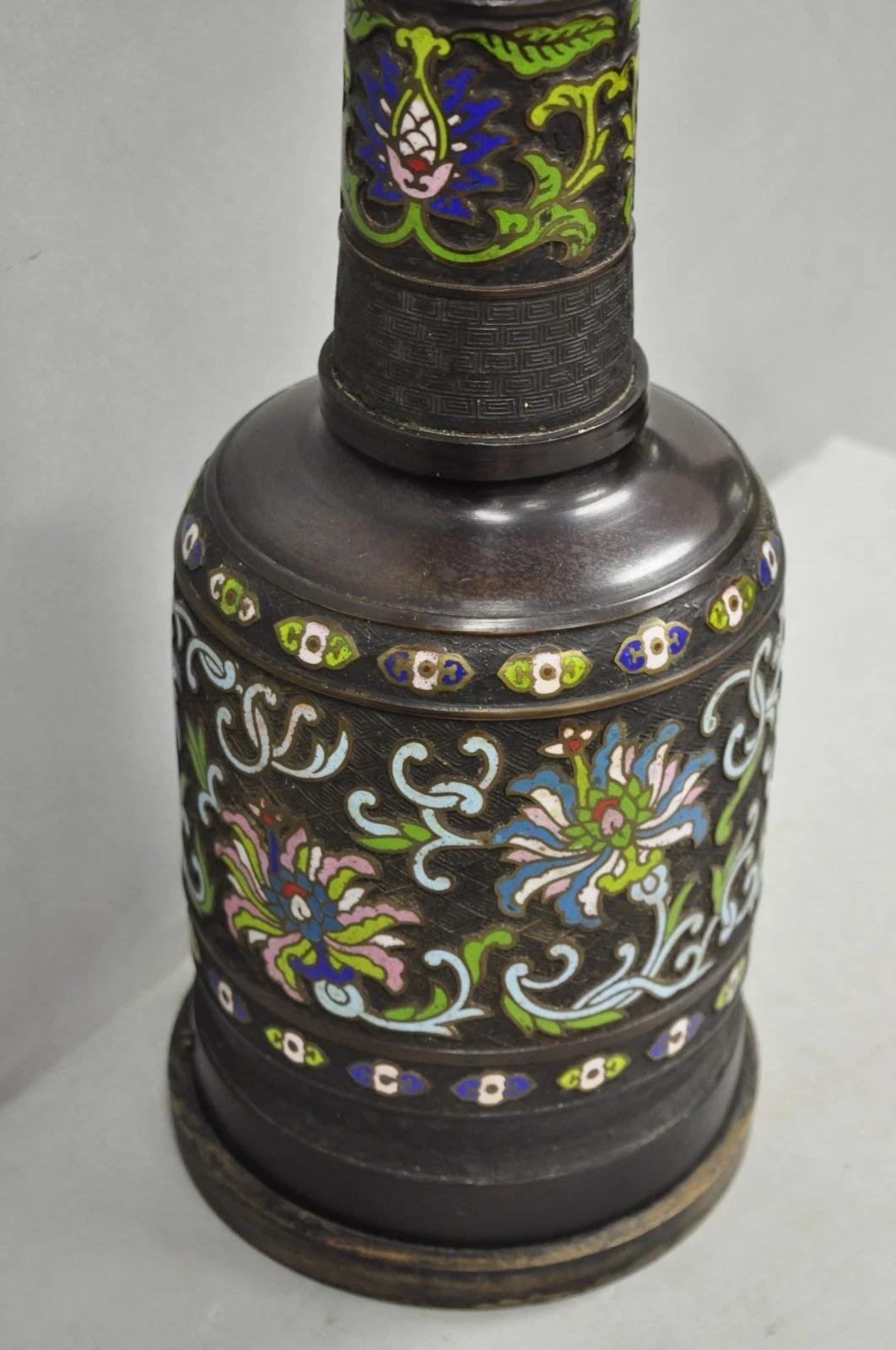Antique Chinese Bronze Cloisonne Enameled Champleve Chinoiserie Table Lamp For Sale 7