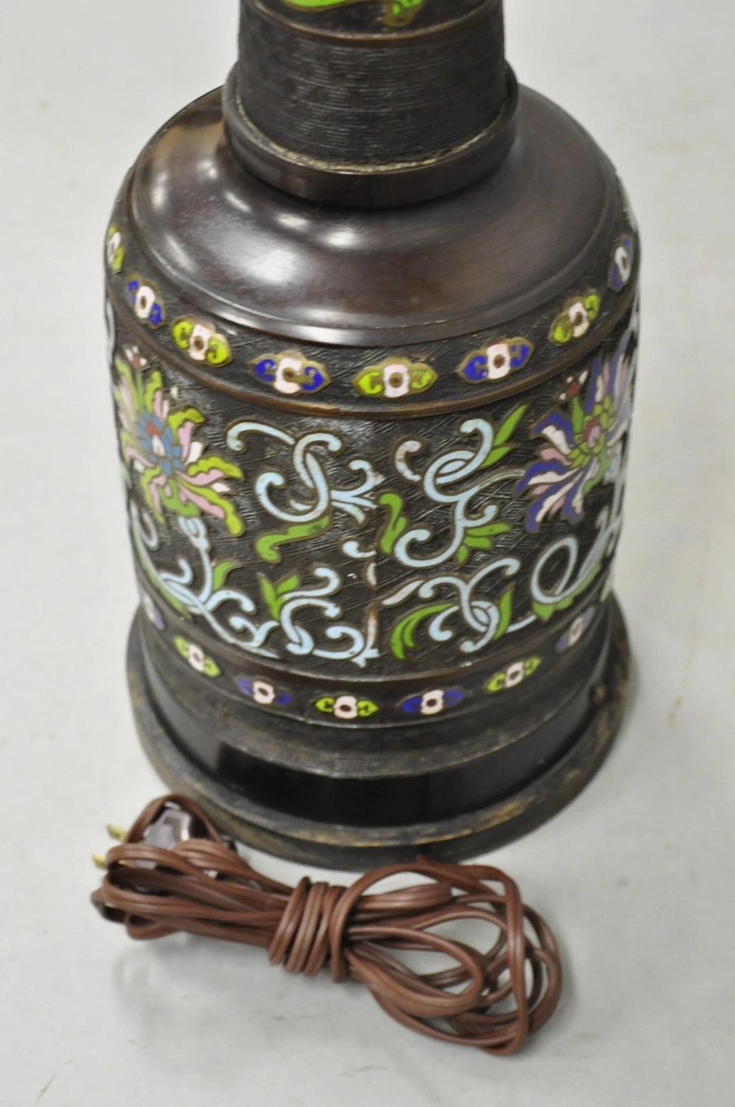 Antique Chinese Bronze Cloisonne Enameled  Champleve Chinoiserie Table Lamp . Circa Early 20th Century. Measurements: 37.5
