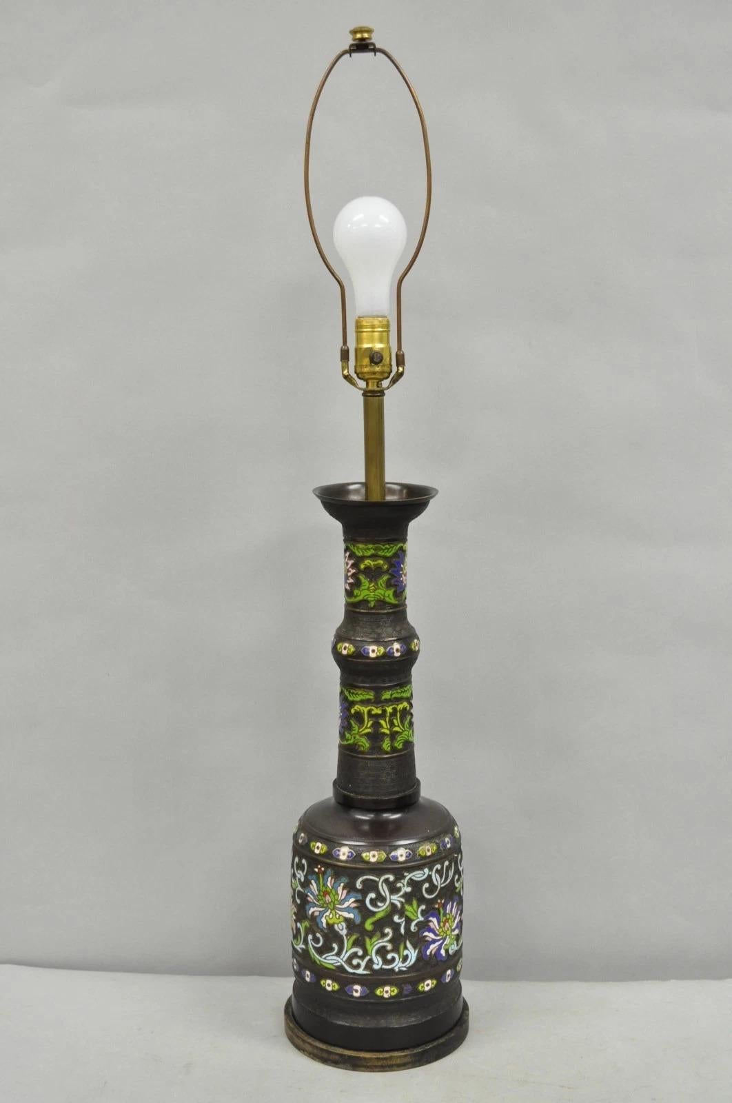 Unknown Antique Chinese Bronze Cloisonne Enameled Champleve Chinoiserie Table Lamp For Sale