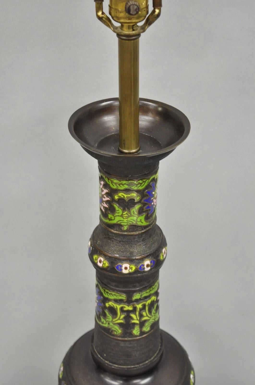 20th Century Antique Chinese Bronze Cloisonne Enameled Champleve Chinoiserie Table Lamp For Sale