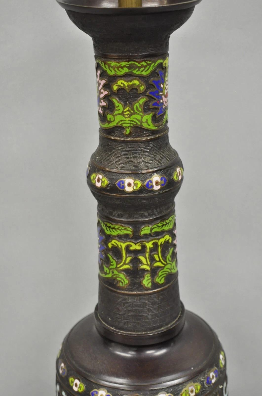 Antique Chinese Bronze Cloisonne Enameled Champleve Chinoiserie Table Lamp For Sale 1
