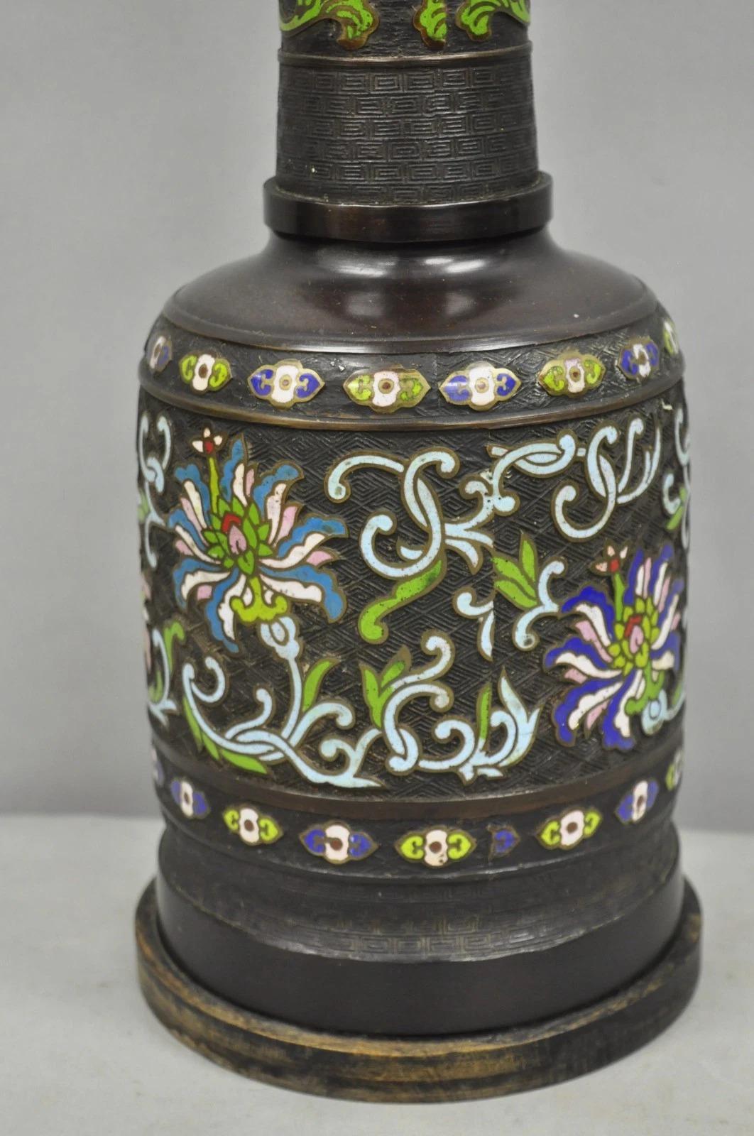 Antique Chinese Bronze Cloisonne Enameled Champleve Chinoiserie Table Lamp For Sale 2